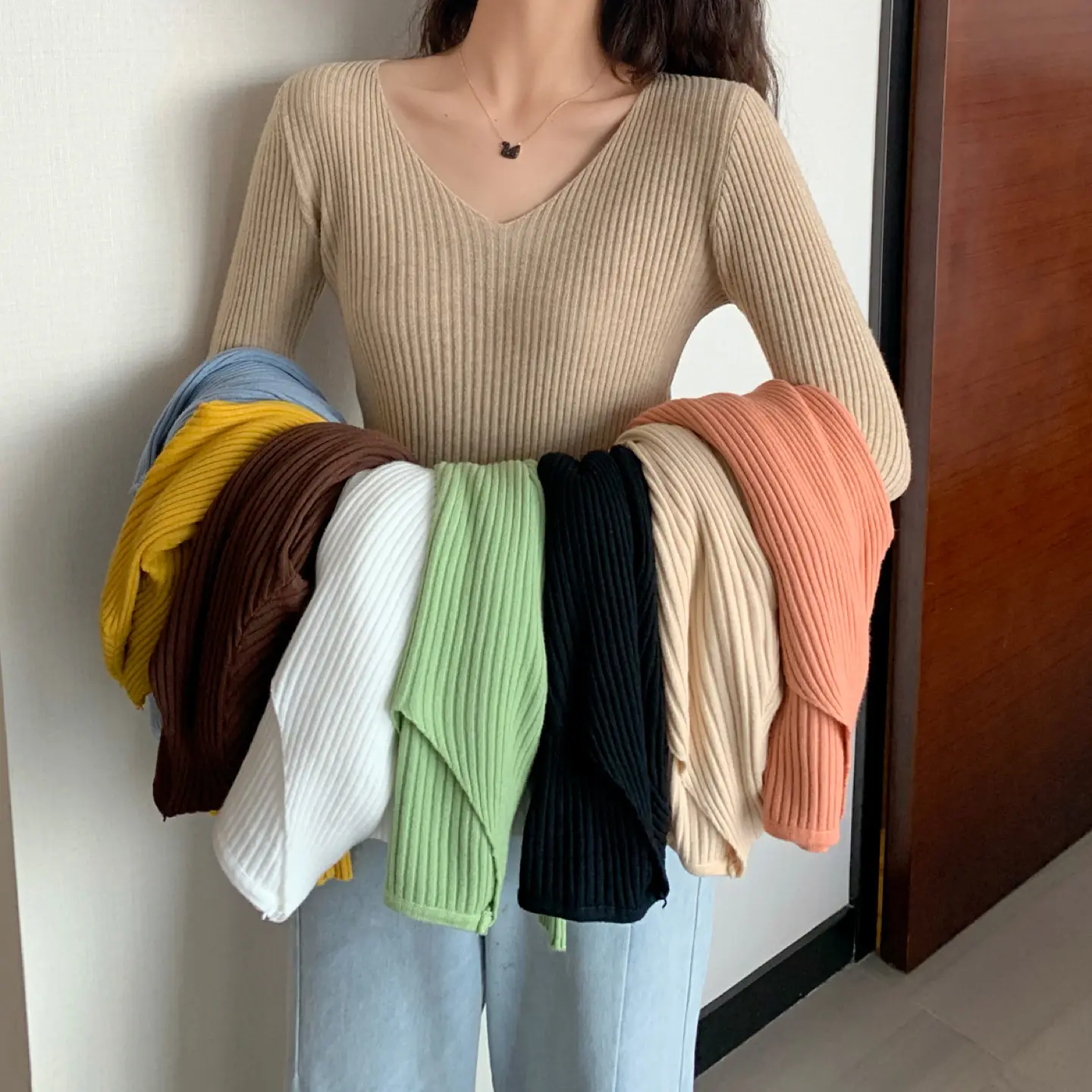 Women V-Neck Yellow Slim Fit Inner Long Sleeve Sweater — feature 1