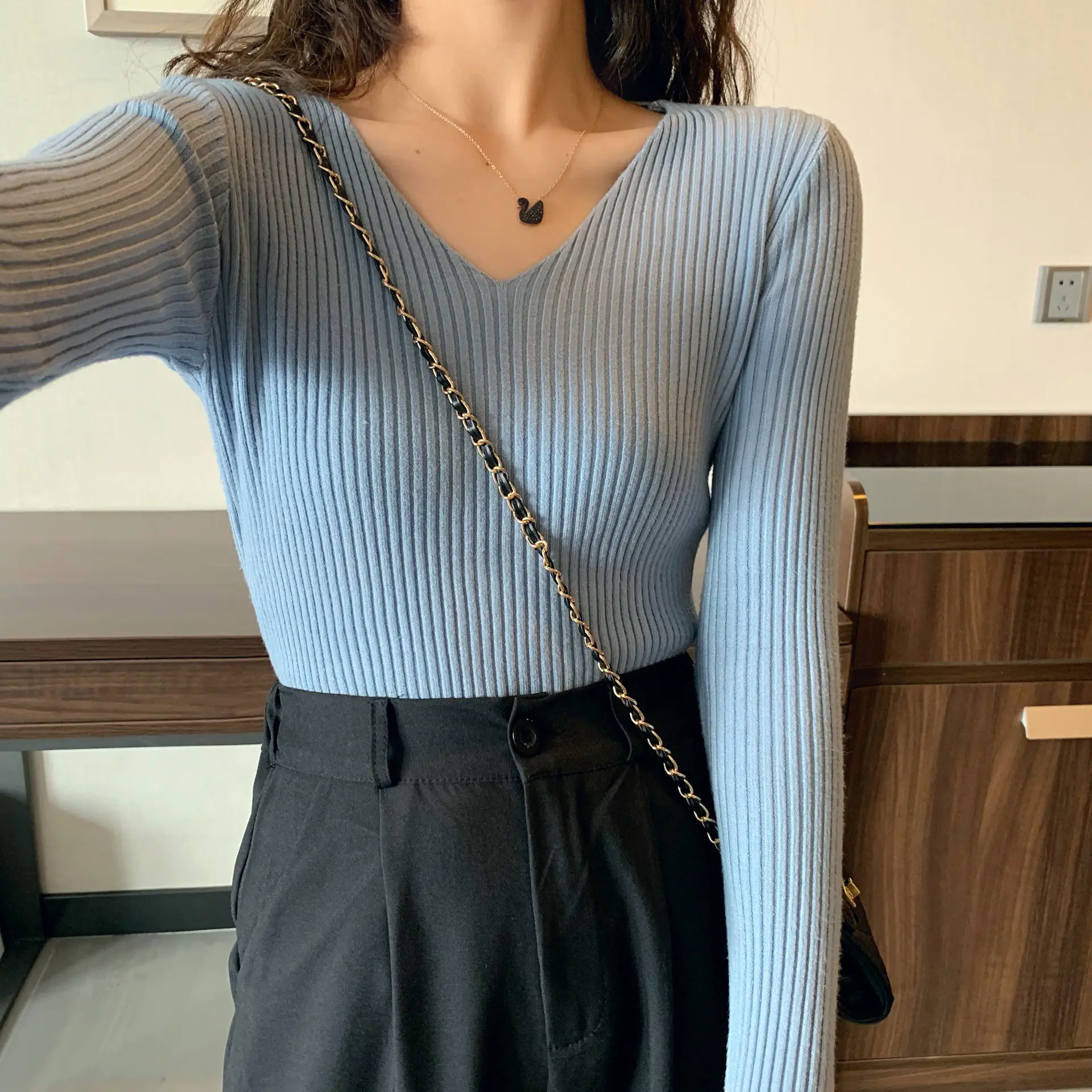Women V-Neck Yellow Slim Fit Inner Long Sleeve Sweater — feature 10