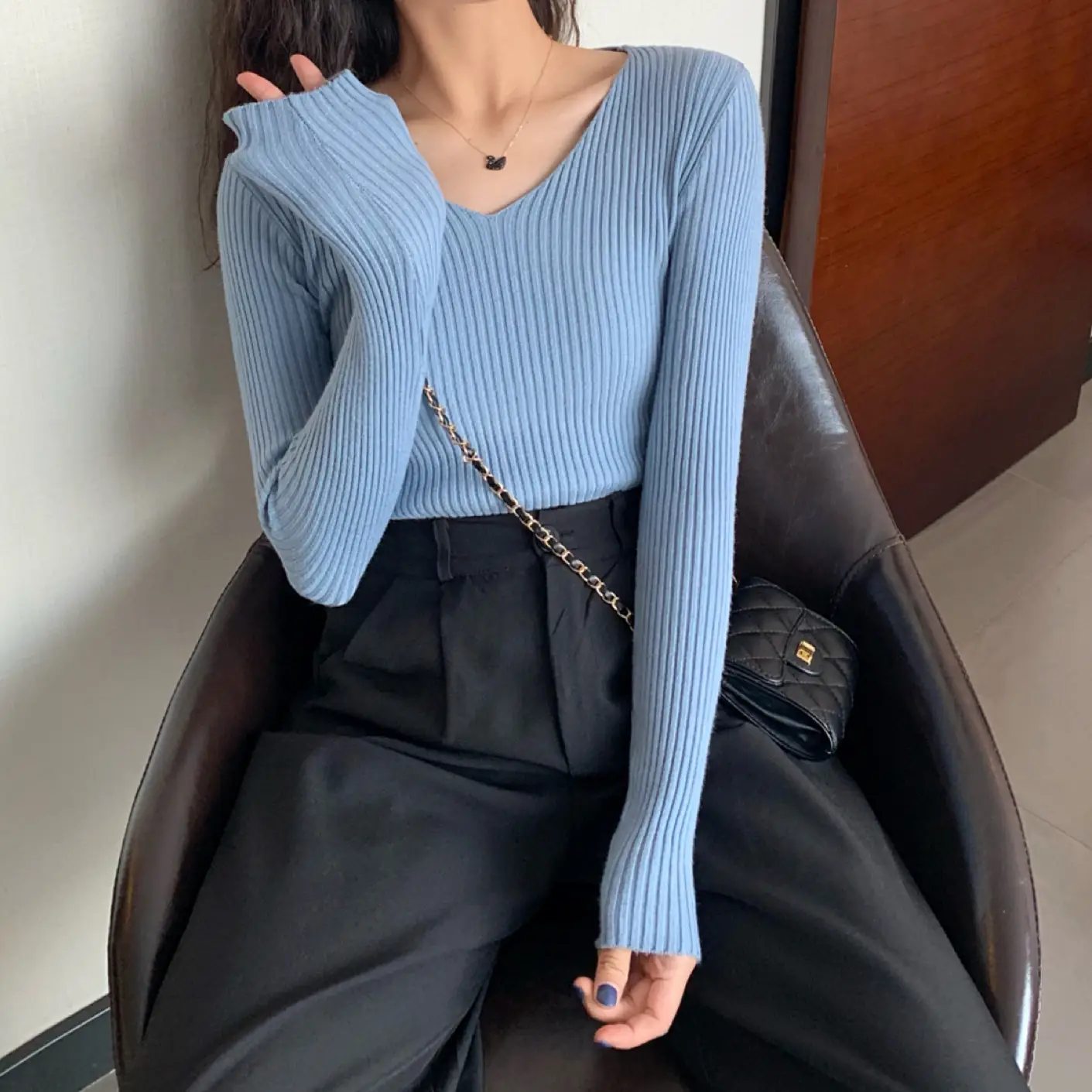 Women V-Neck Yellow Slim Fit Inner Long Sleeve Sweater — feature 12