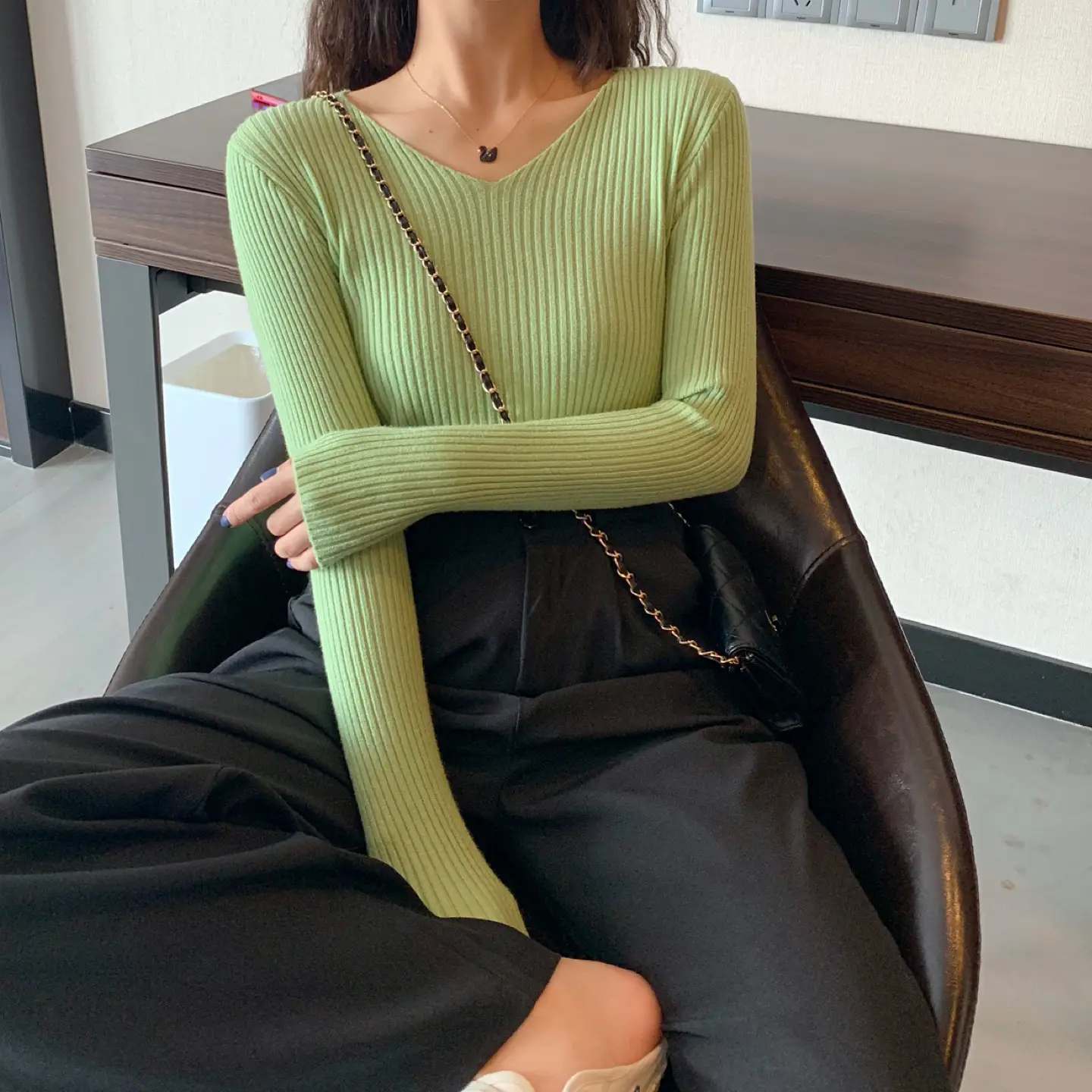 Women V-Neck Yellow Slim Fit Inner Long Sleeve Sweater — feature 16