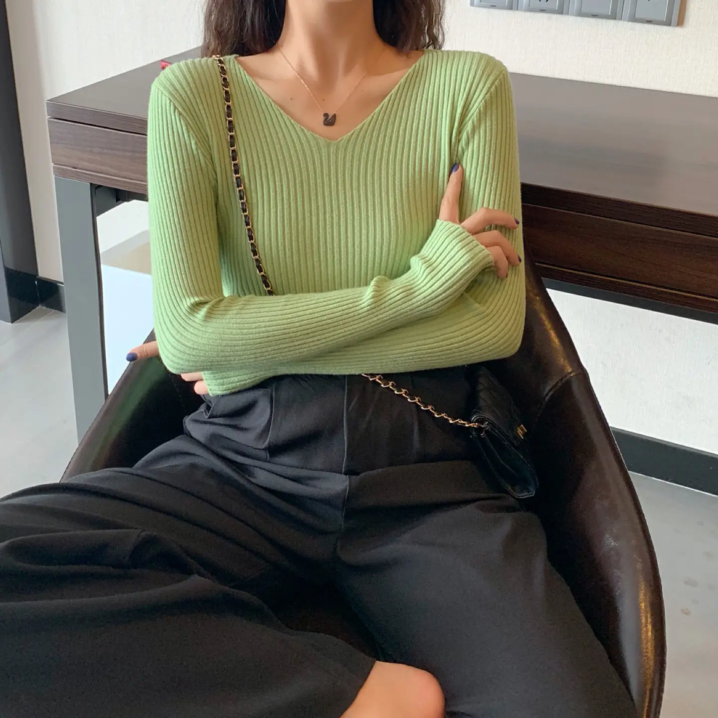 Women V-Neck Yellow Slim Fit Inner Long Sleeve Sweater — feature 17