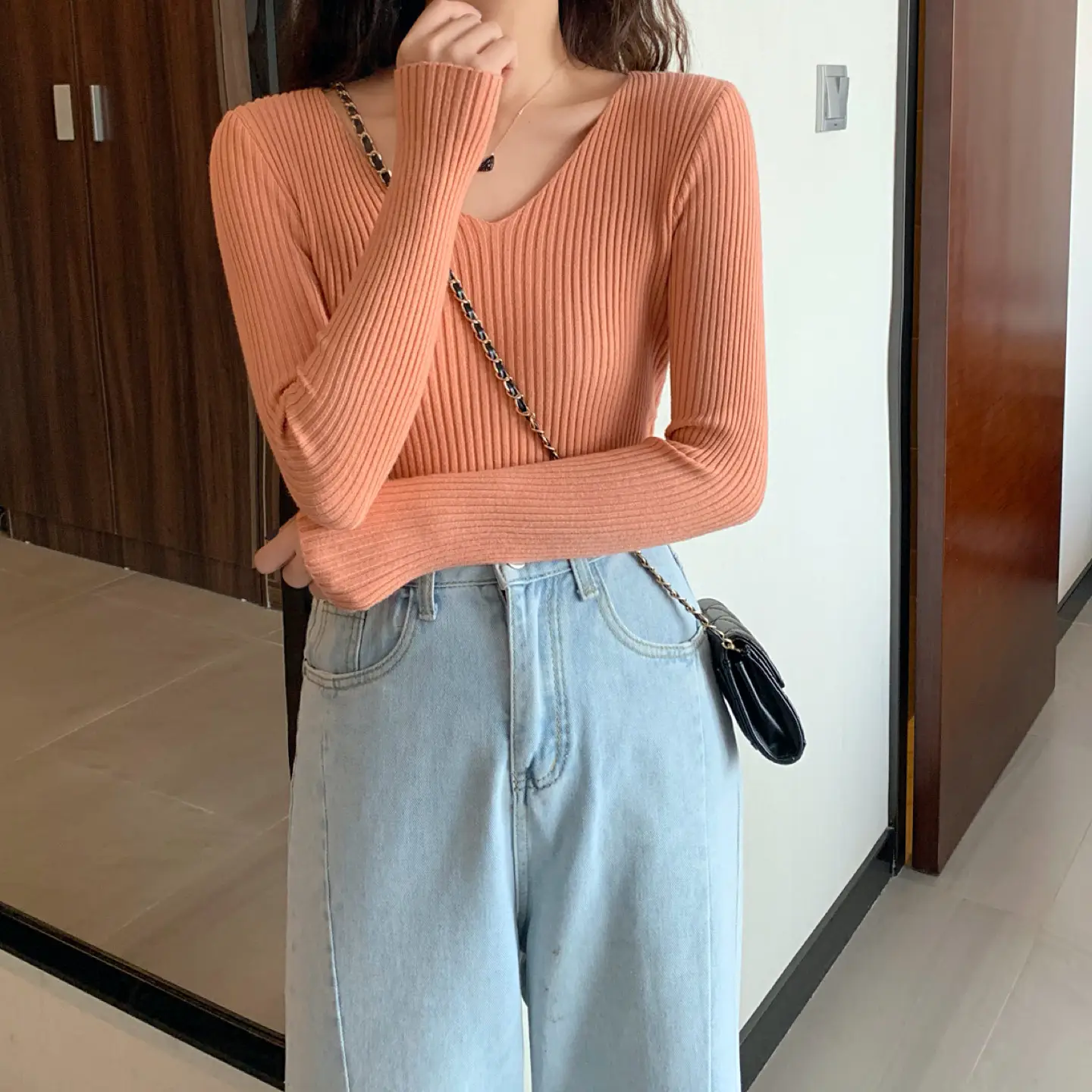 Women V-Neck Yellow Slim Fit Inner Long Sleeve Sweater — feature 18