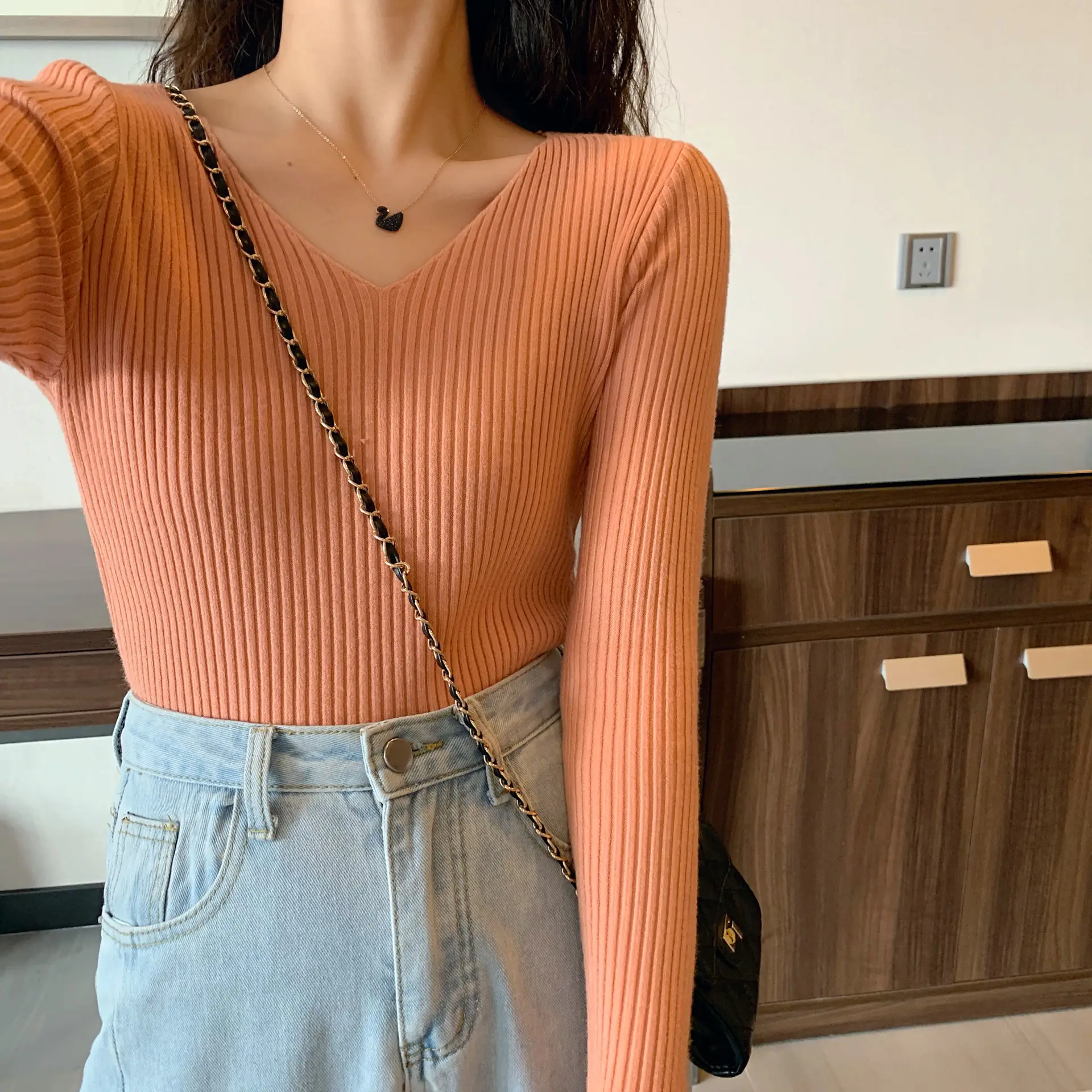 Women V-Neck Yellow Slim Fit Inner Long Sleeve Sweater — feature 20