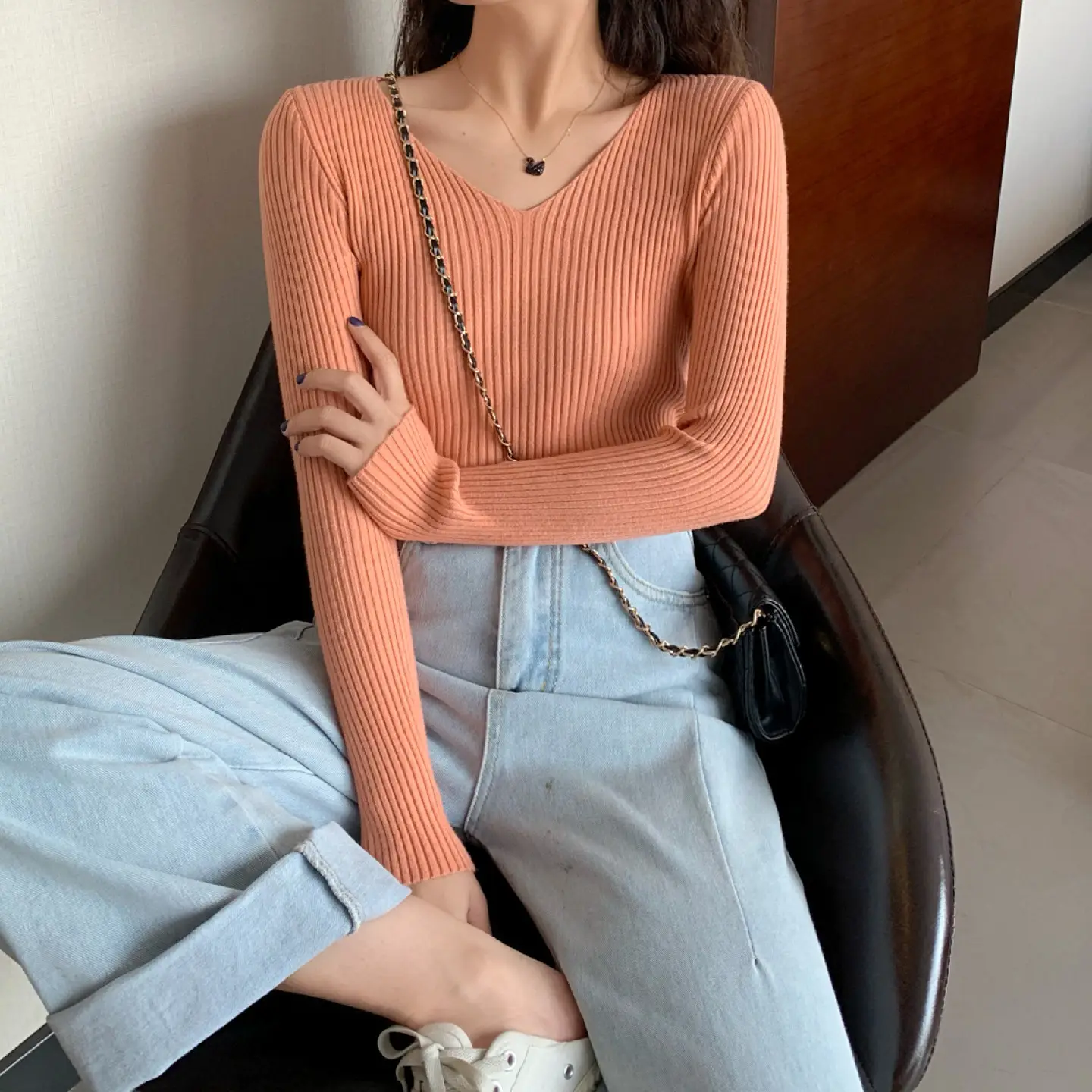 Women V-Neck Yellow Slim Fit Inner Long Sleeve Sweater — feature 22