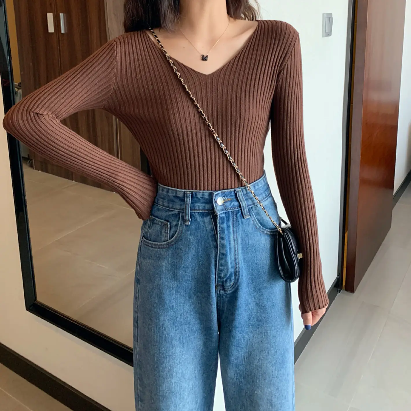 Women V-Neck Yellow Slim Fit Inner Long Sleeve Sweater — feature 24