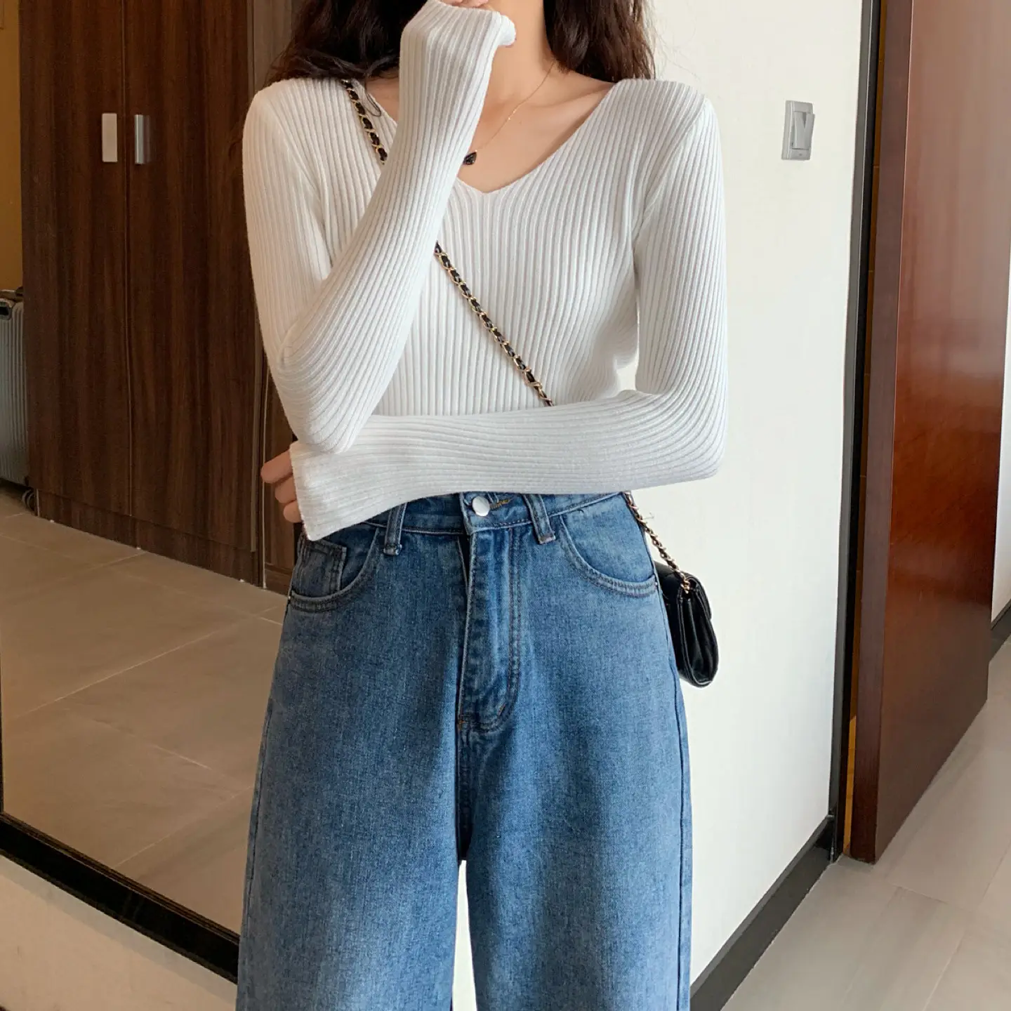 Women V-Neck Yellow Slim Fit Inner Long Sleeve Sweater — feature 28