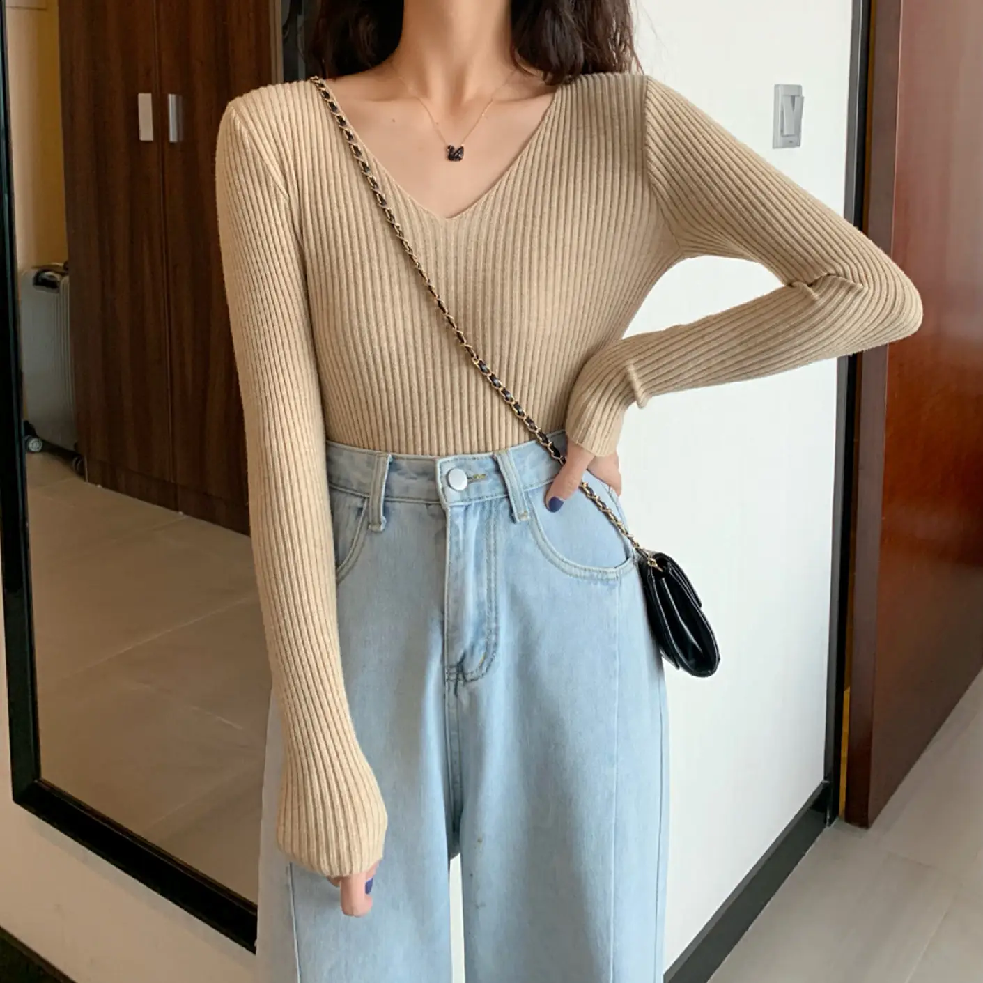 Women V-Neck Yellow Slim Fit Inner Long Sleeve Sweater — feature 3