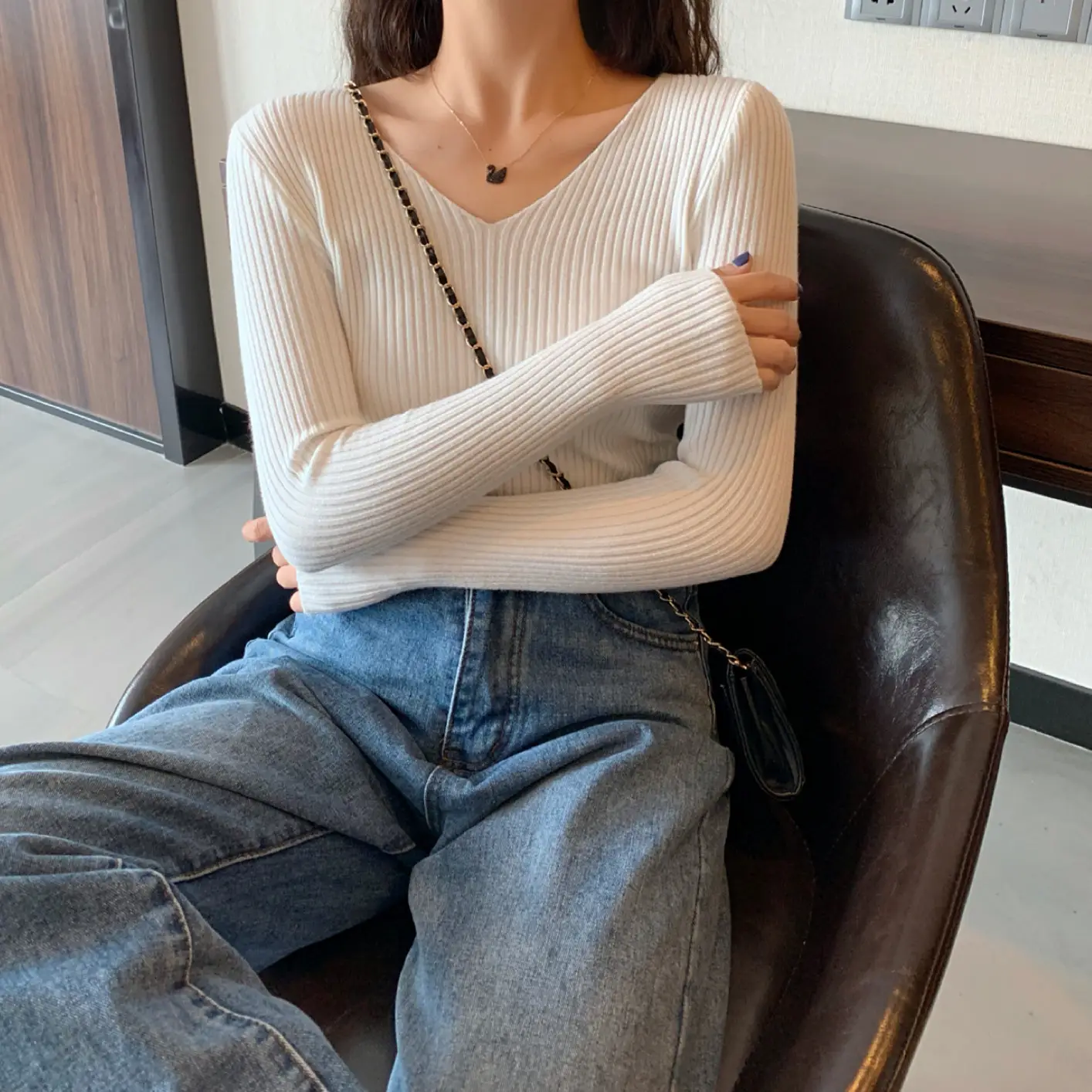 Women V-Neck Yellow Slim Fit Inner Long Sleeve Sweater — feature 31