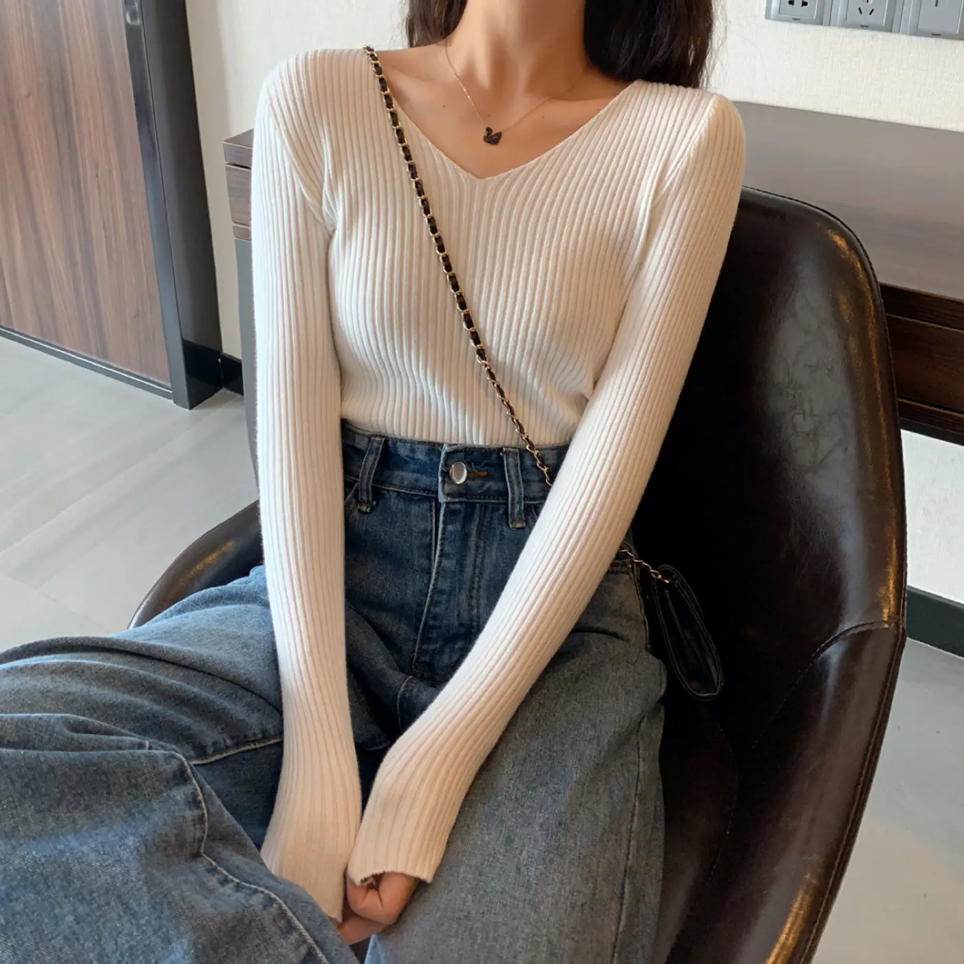 Women V-Neck Yellow Slim Fit Inner Long Sleeve Sweater — feature 32