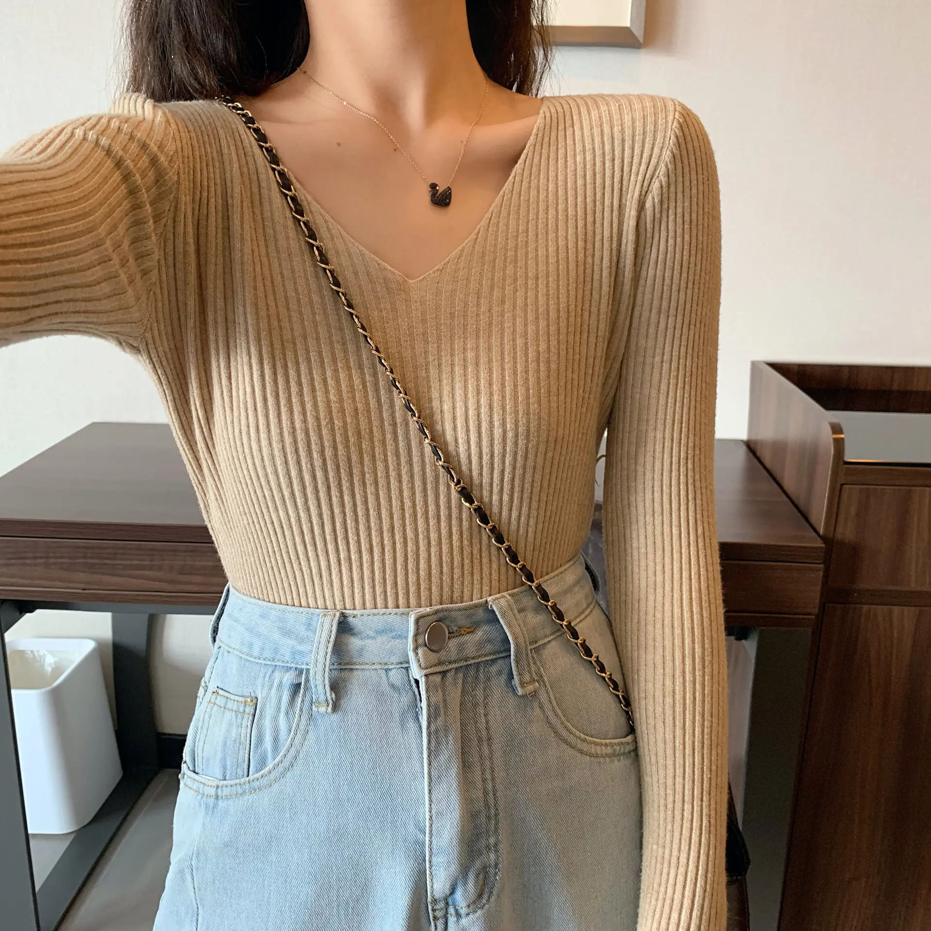 Women V-Neck Yellow Slim Fit Inner Long Sleeve Sweater — feature 35