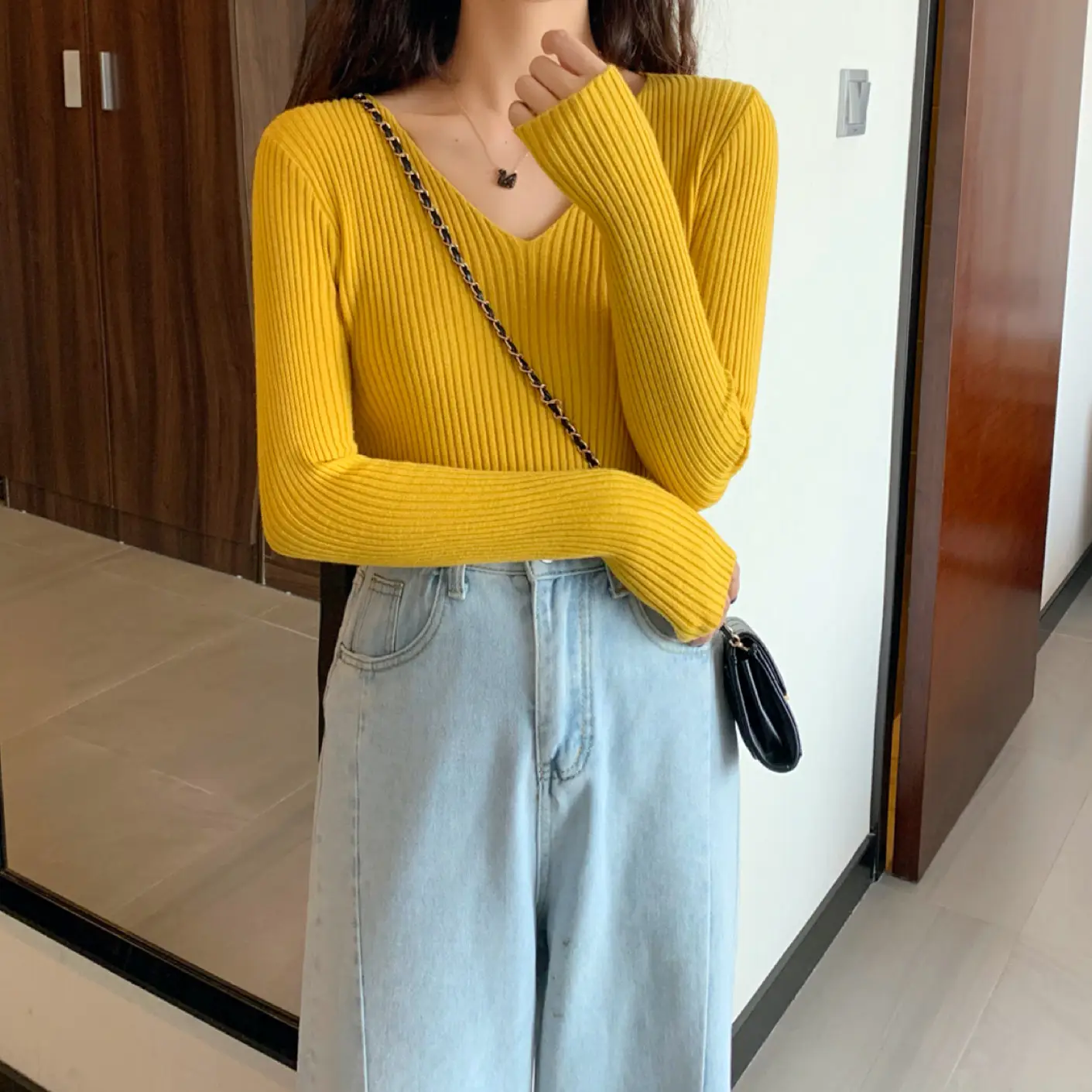 Women V-Neck Yellow Slim Fit Inner Long Sleeve Sweater — feature 39