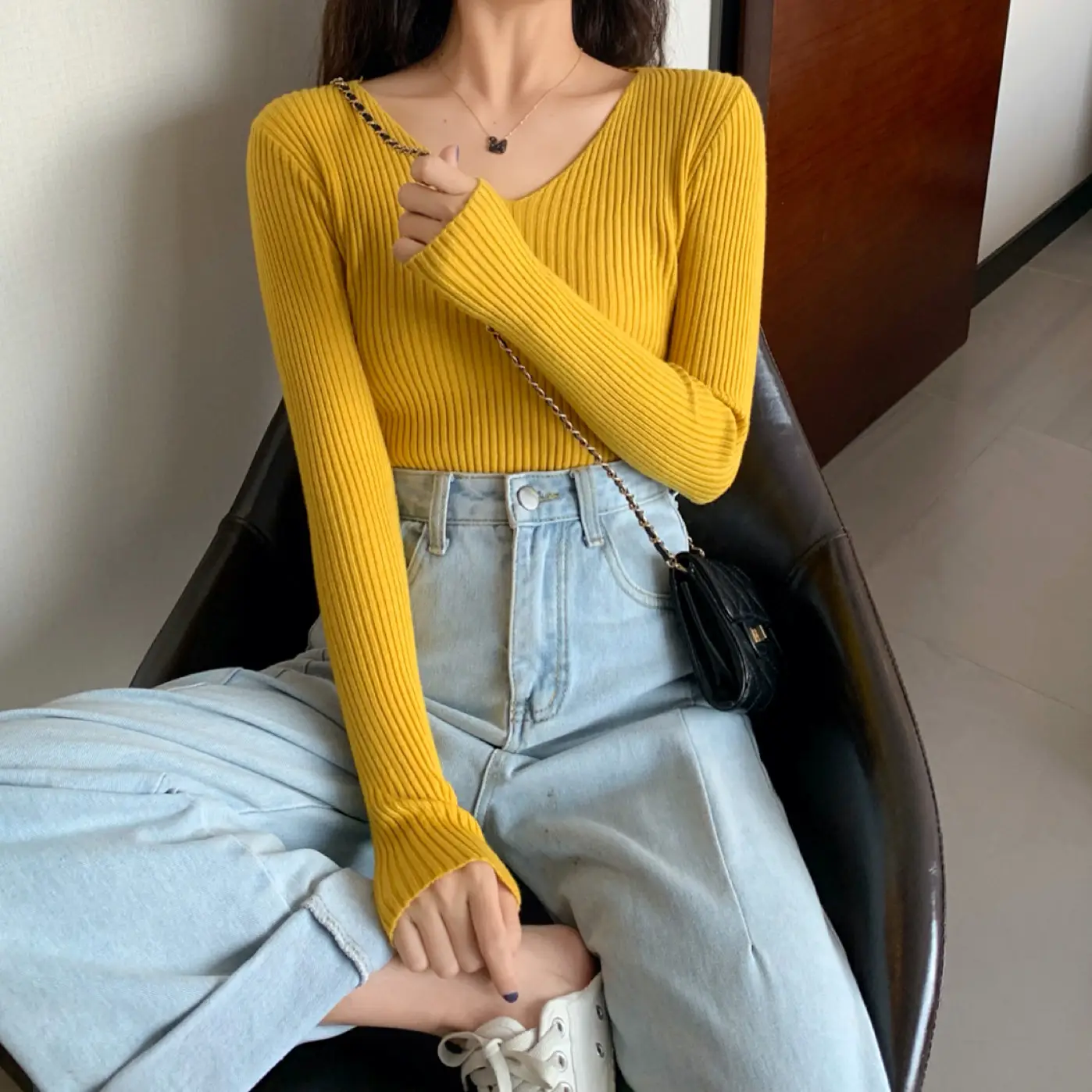 Women V-Neck Yellow Slim Fit Inner Long Sleeve Sweater — feature 42