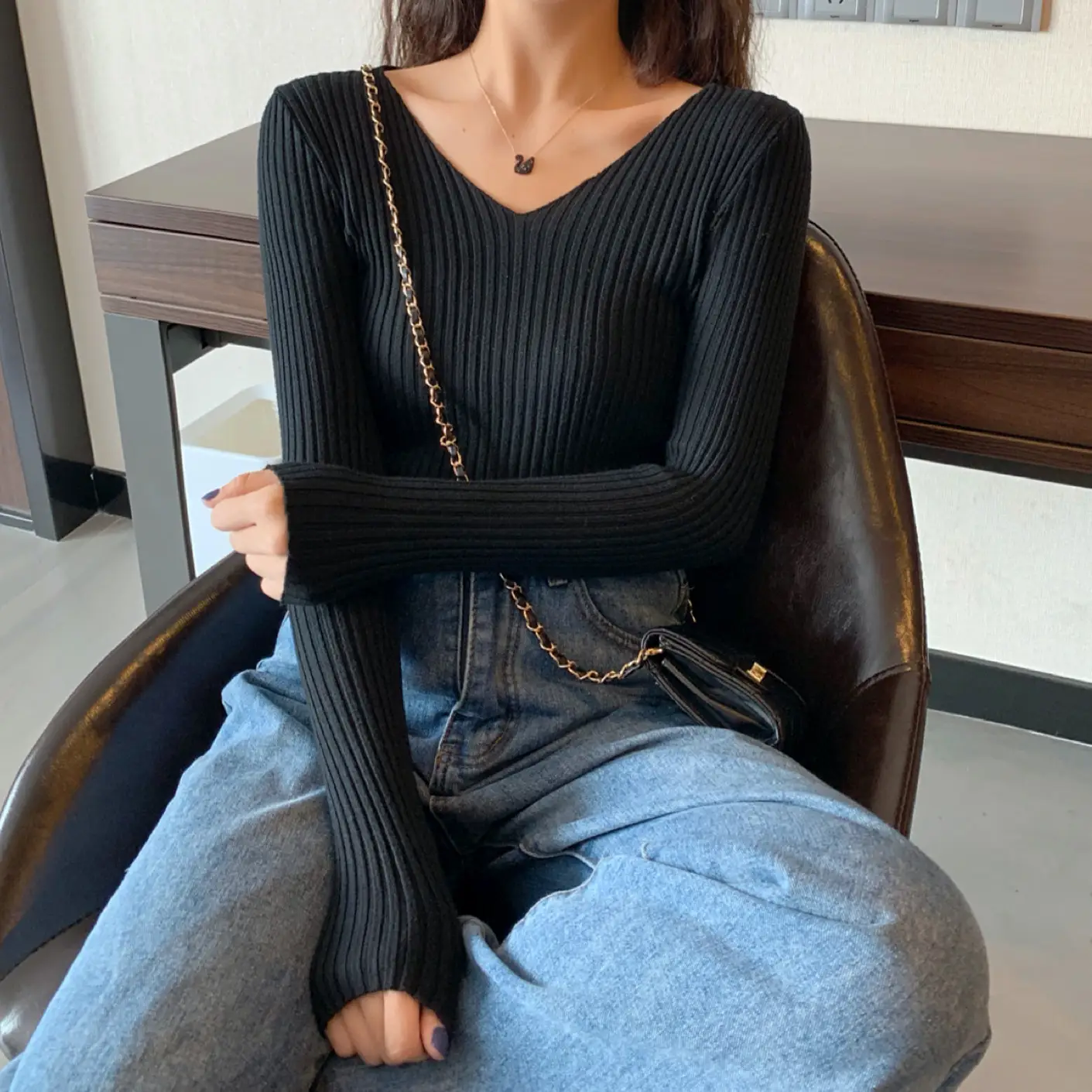 Women V-Neck Yellow Slim Fit Inner Long Sleeve Sweater — feature 46