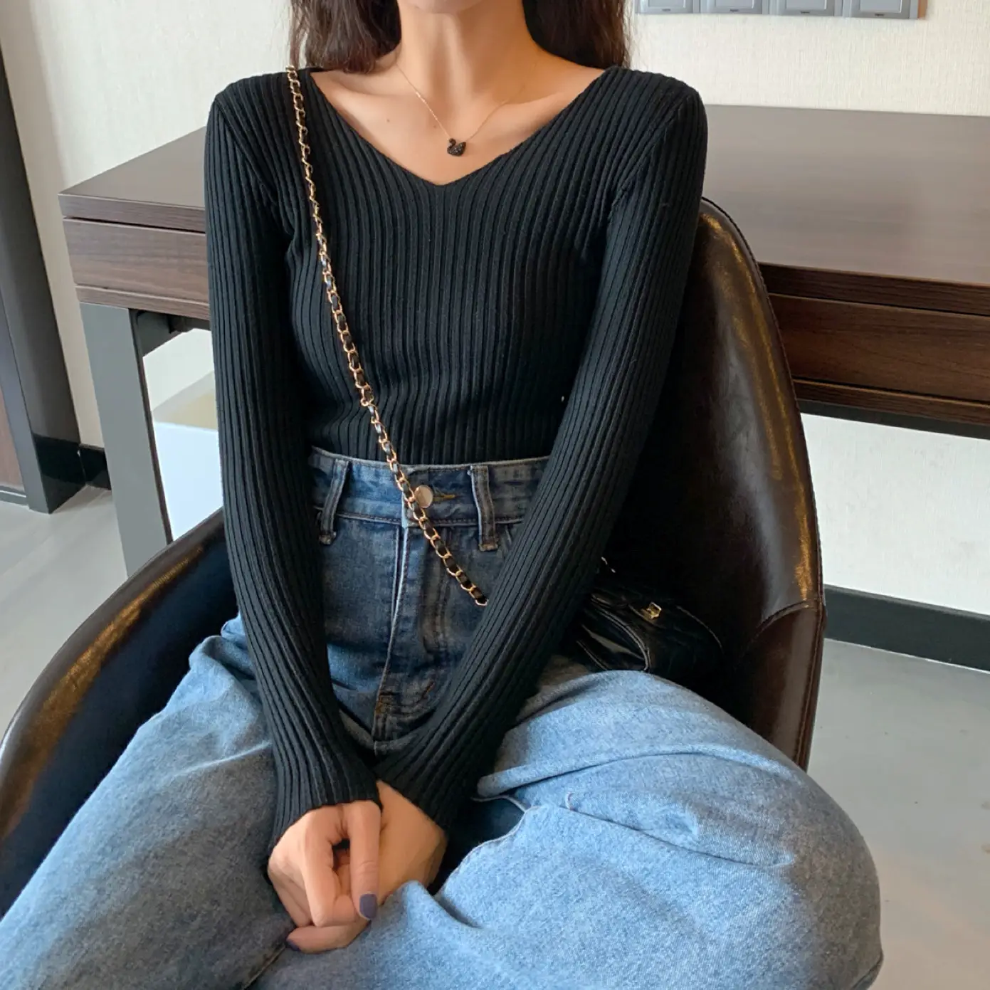 Women V-Neck Yellow Slim Fit Inner Long Sleeve Sweater — feature 47