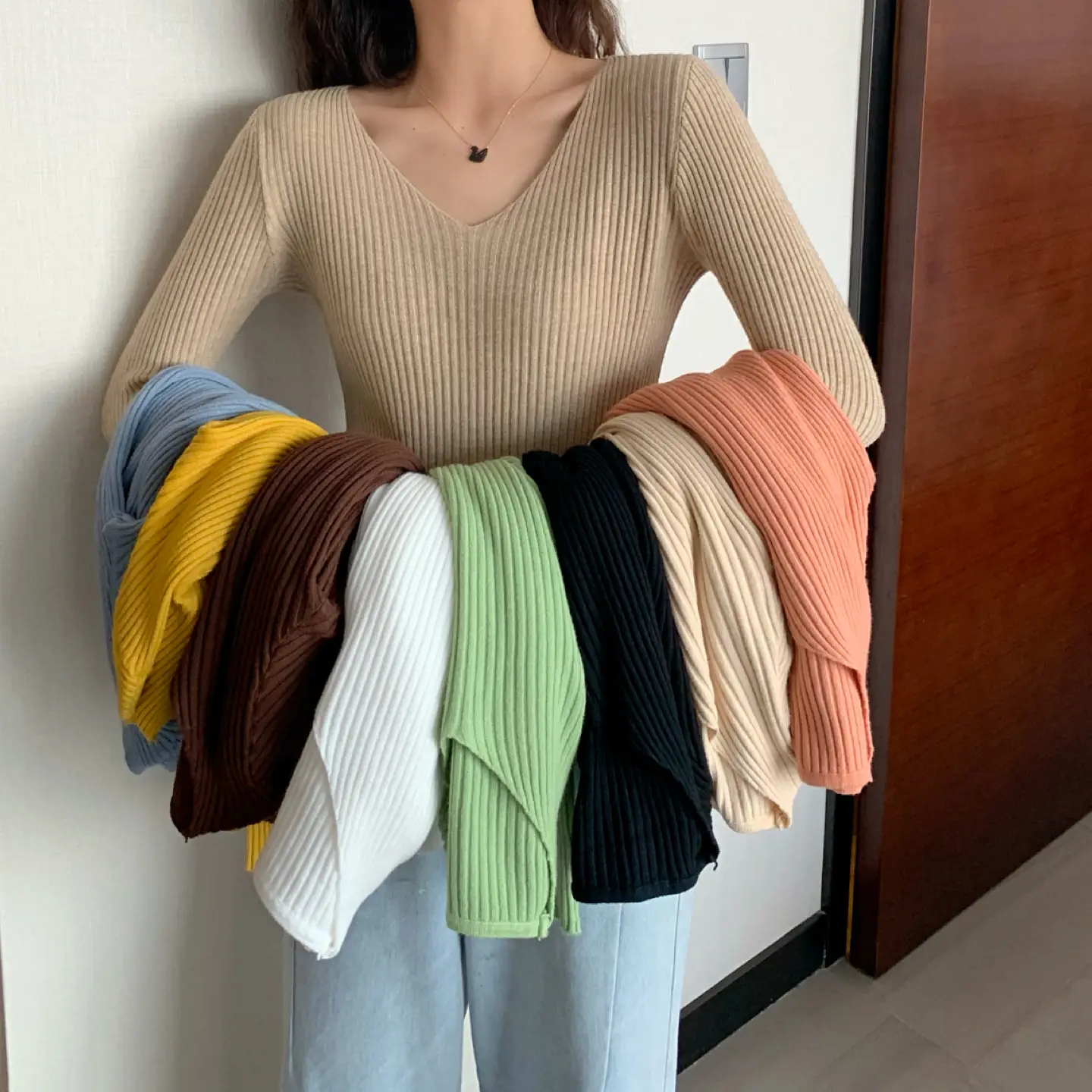 Women V-Neck Yellow Slim Fit Inner Long Sleeve Sweater — feature 48
