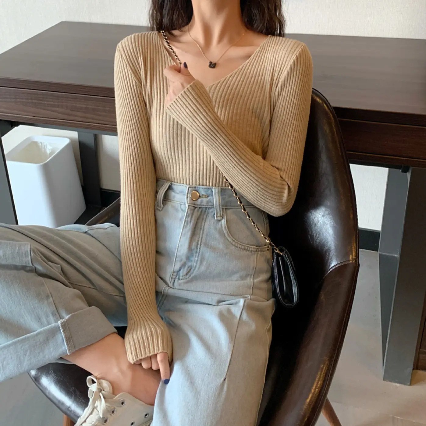 Women V-Neck Yellow Slim Fit Inner Long Sleeve Sweater — feature 6