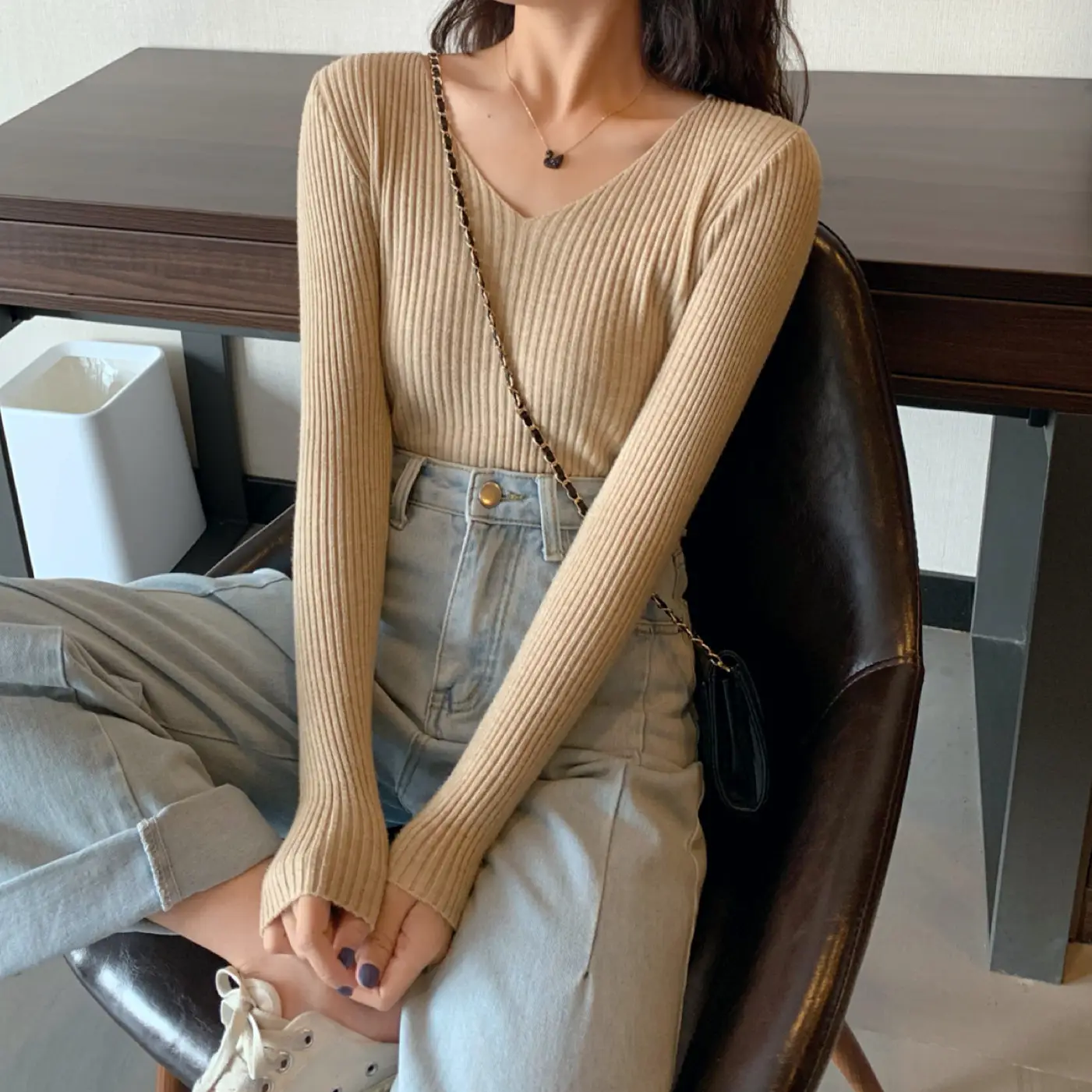 Women V-Neck Yellow Slim Fit Inner Long Sleeve Sweater — feature 7