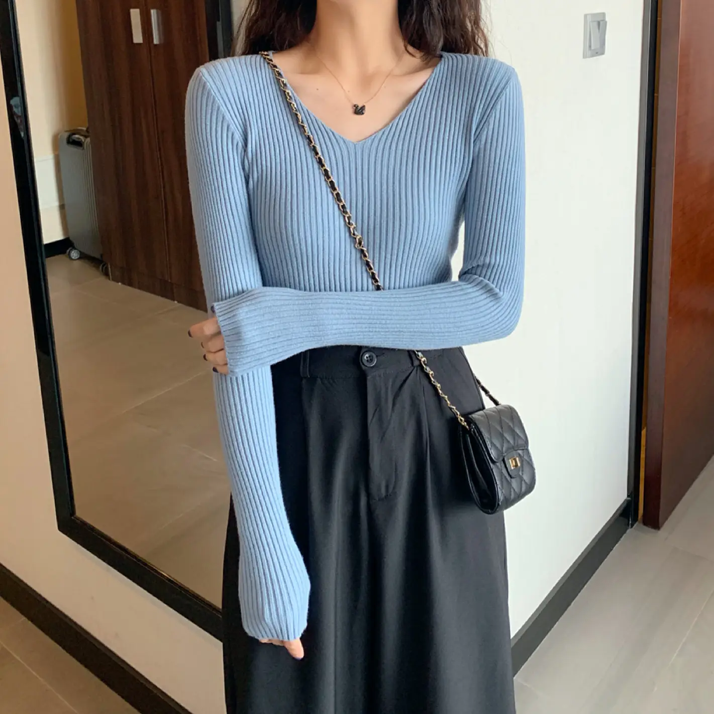 Women V-Neck Yellow Slim Fit Inner Long Sleeve Sweater — feature 8