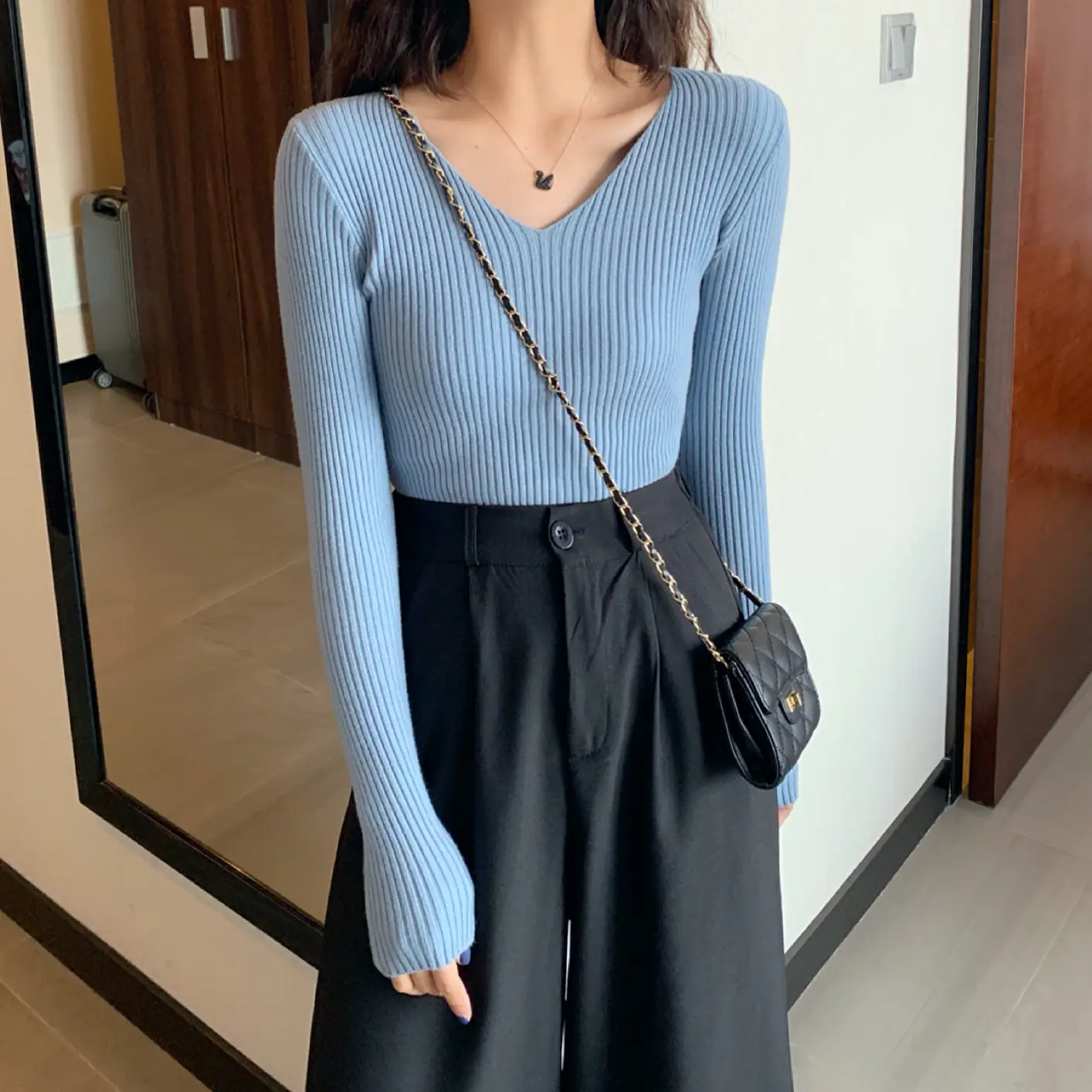 Women V-Neck Yellow Slim Fit Inner Long Sleeve Sweater — feature 9
