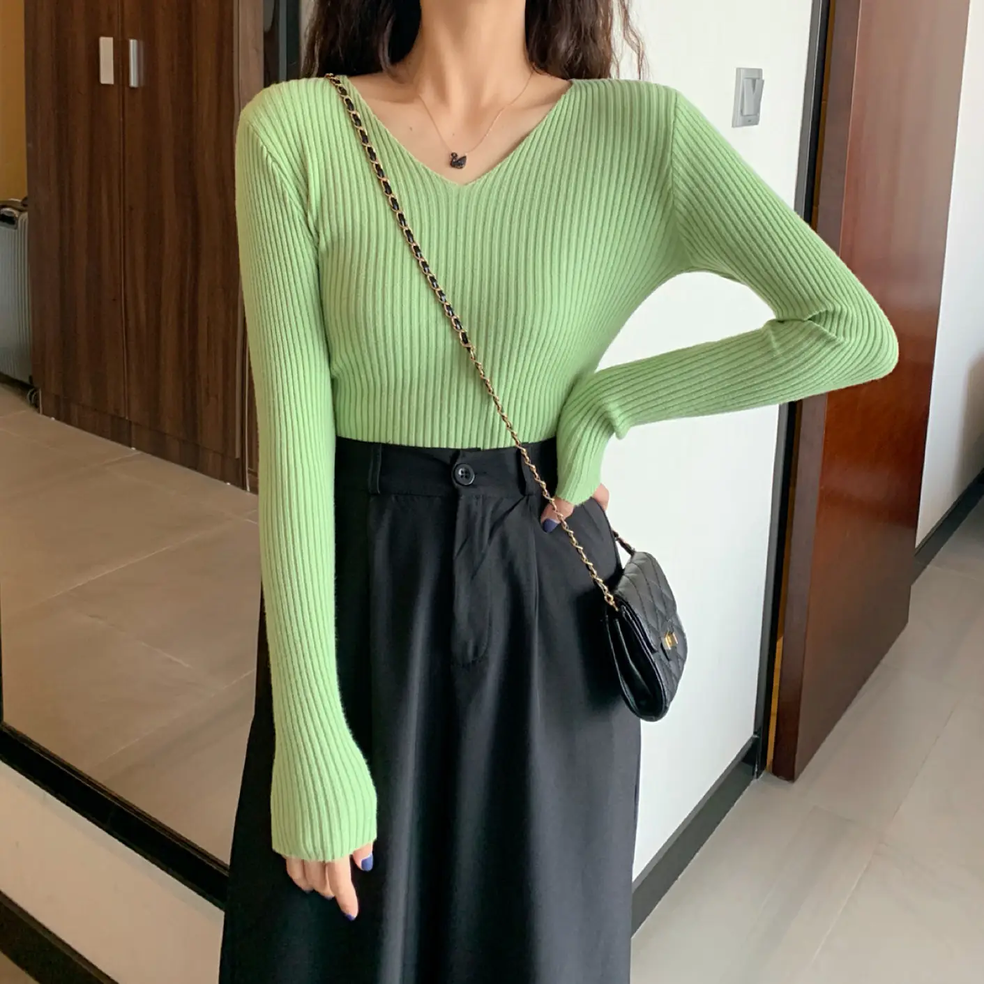Women V-Neck Yellow Slim Fit Inner Long Sleeve Sweater