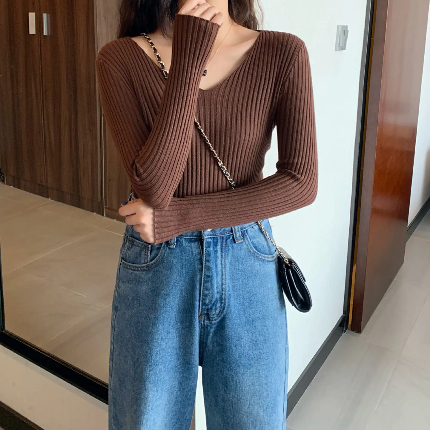 Women V-Neck Yellow Slim Fit Inner Long Sleeve Sweater
