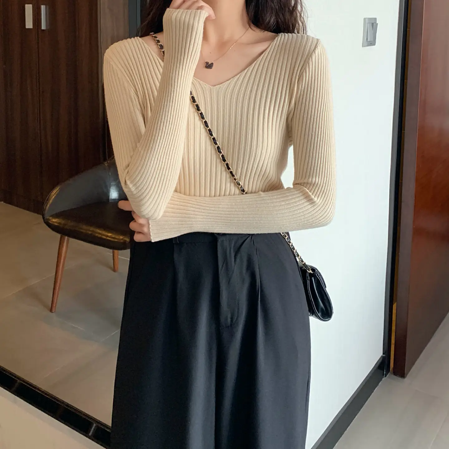 Women V-Neck Yellow Slim Fit Inner Long Sleeve Sweater