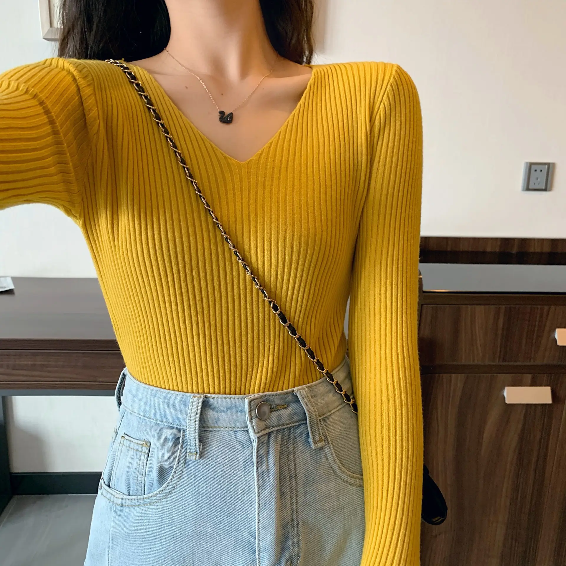 Women V-Neck Yellow Slim Fit Inner Long Sleeve Sweater