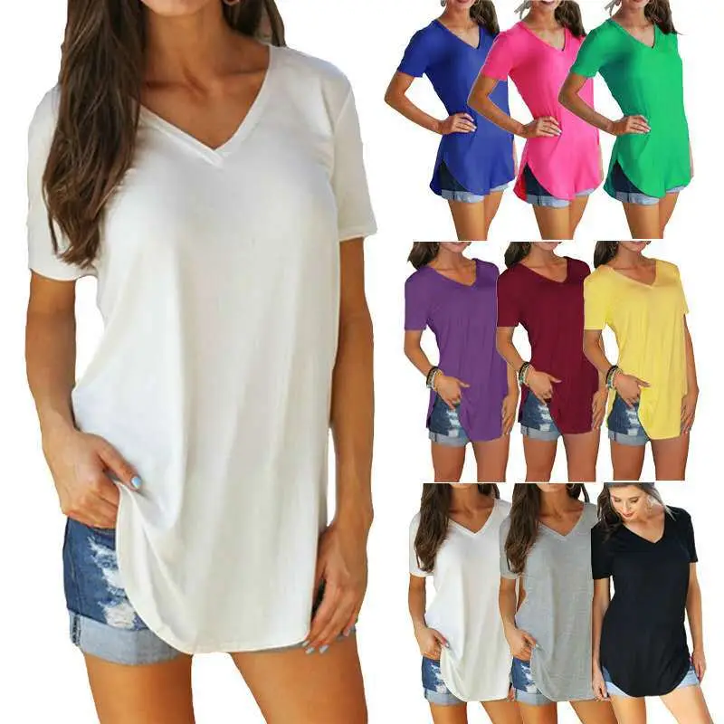 Women V-Neck Loose T-Shirt White Large - Image 9