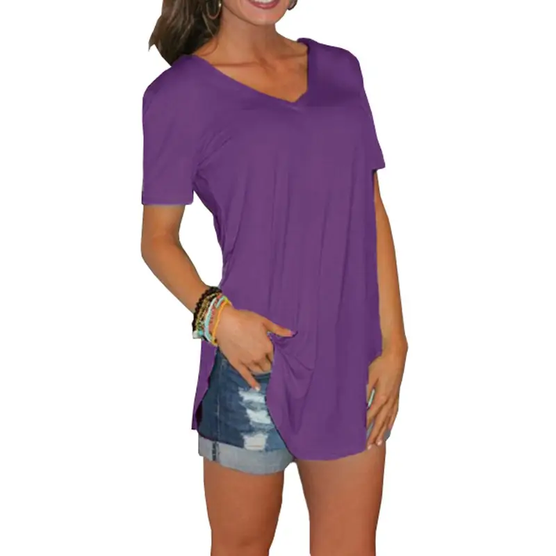 Women V-Neck Loose T-Shirt White Large - Image 3