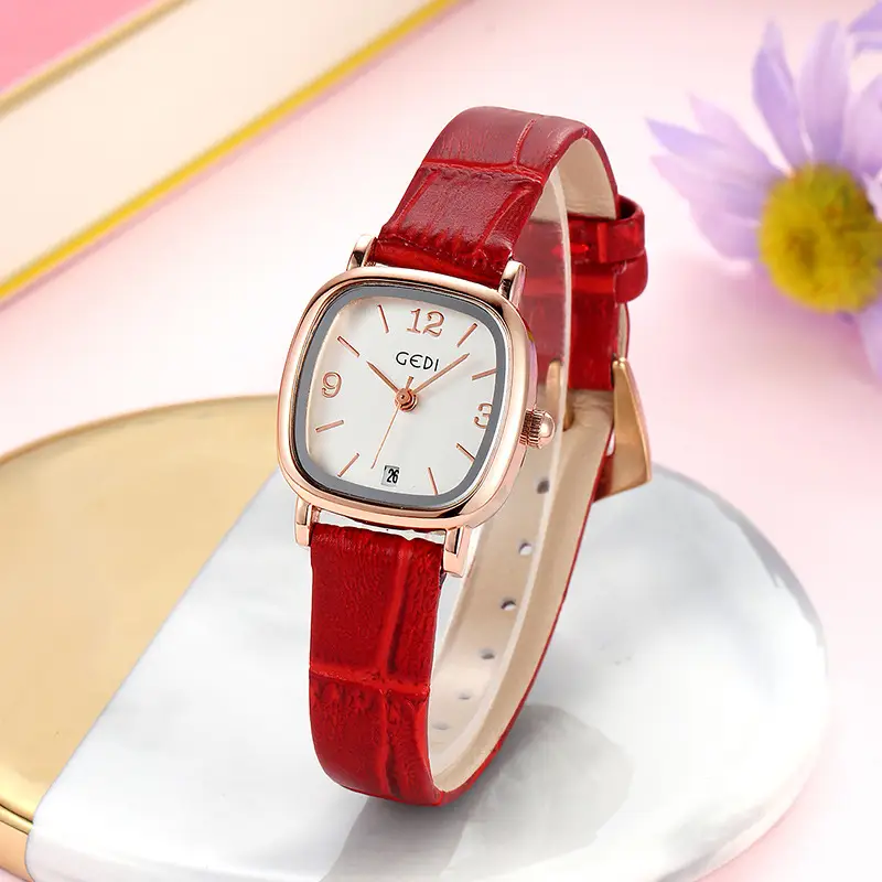Women's Red Leather Watch with Rose Gold Case