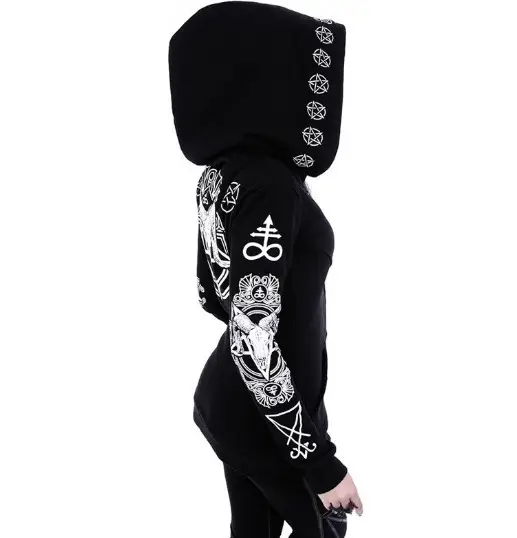 Black Punk Hooded Jacket with Sheep's Head Moon Print S-5XL