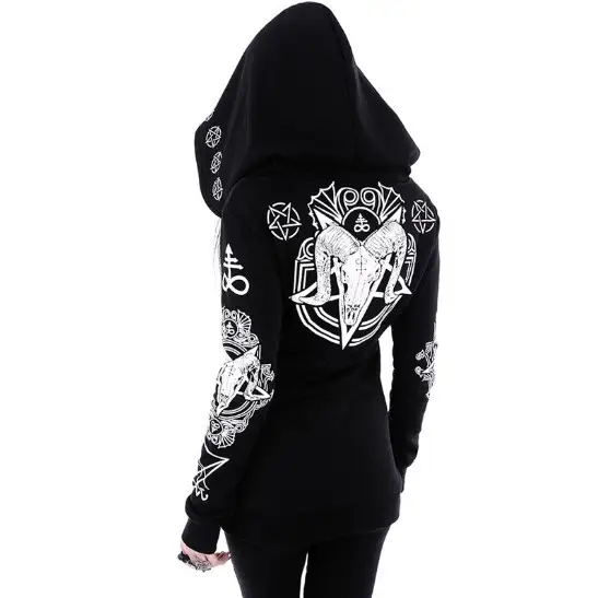 Black Punk Hooded Jacket with Sheep's Head Moon Print S-5XL