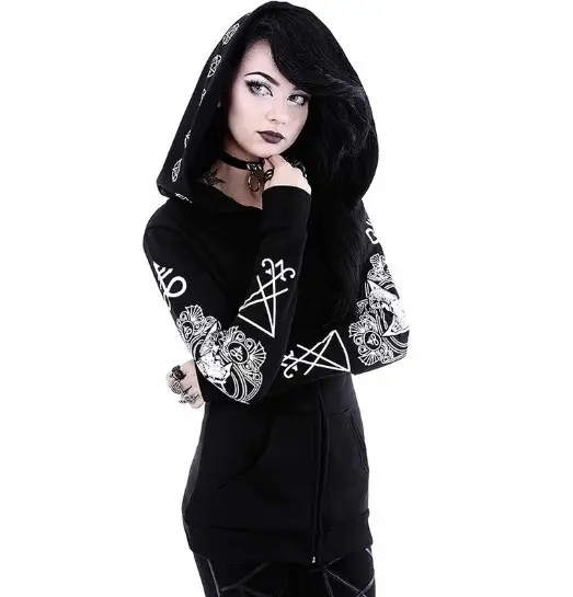 Black Punk Hooded Jacket with Sheep's Head Moon Print S-5XL