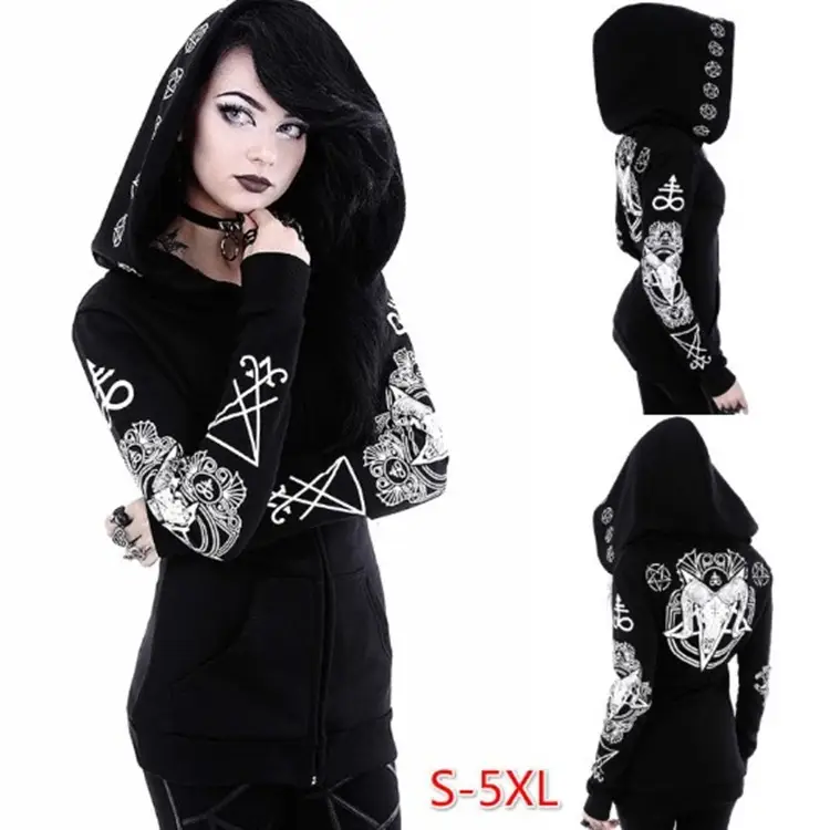 Black Punk Hooded Jacket with Sheep's Head Moon Print S-5XL