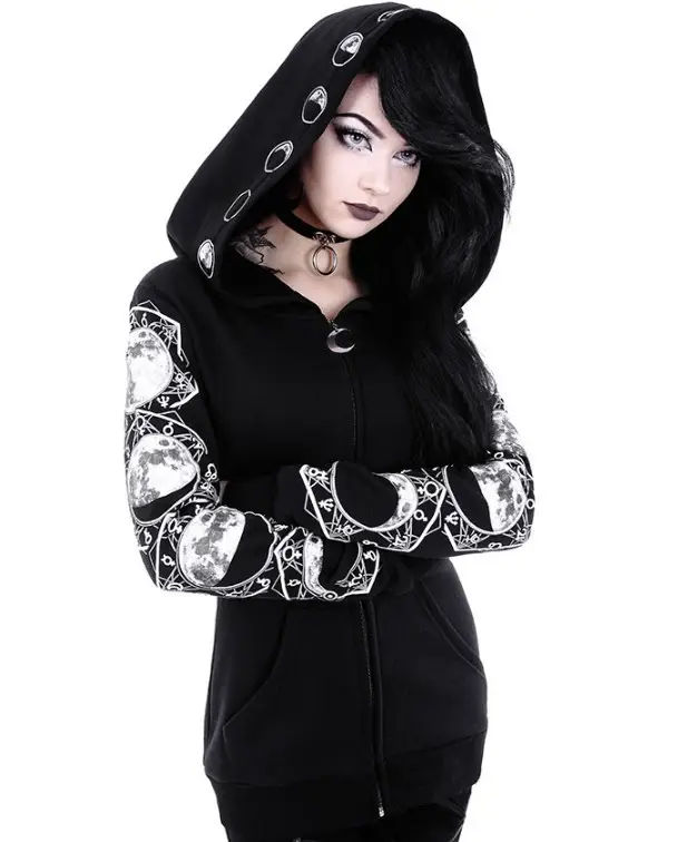 Black Punk Hooded Sweatshirt with Moon Print Long Sleeve - Image 3