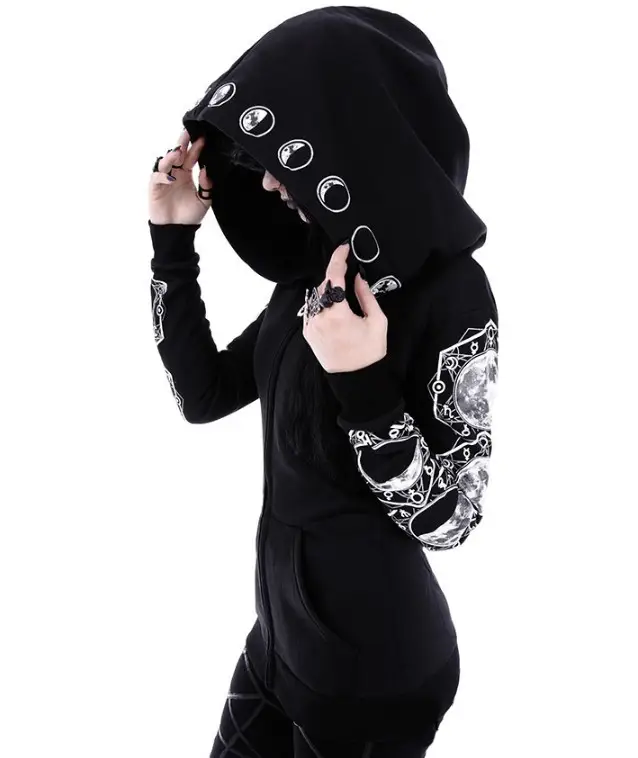 Black Punk Hooded Sweatshirt with Moon Print Long Sleeve - Image 4