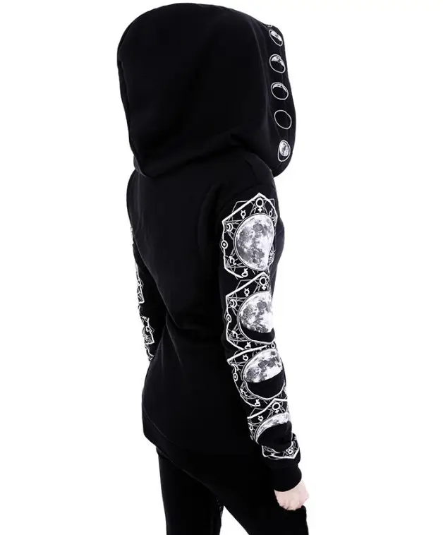Black Punk Hooded Sweatshirt with Moon Print Long Sleeve - Image 5