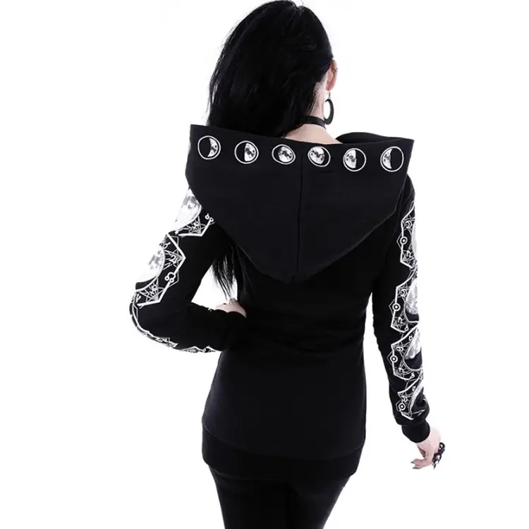 Black Punk Hooded Sweatshirt with Moon Print Long Sleeve - Image 6