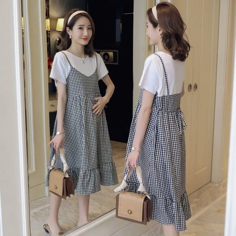 Maternity Dress Red White Checkered Loose Large