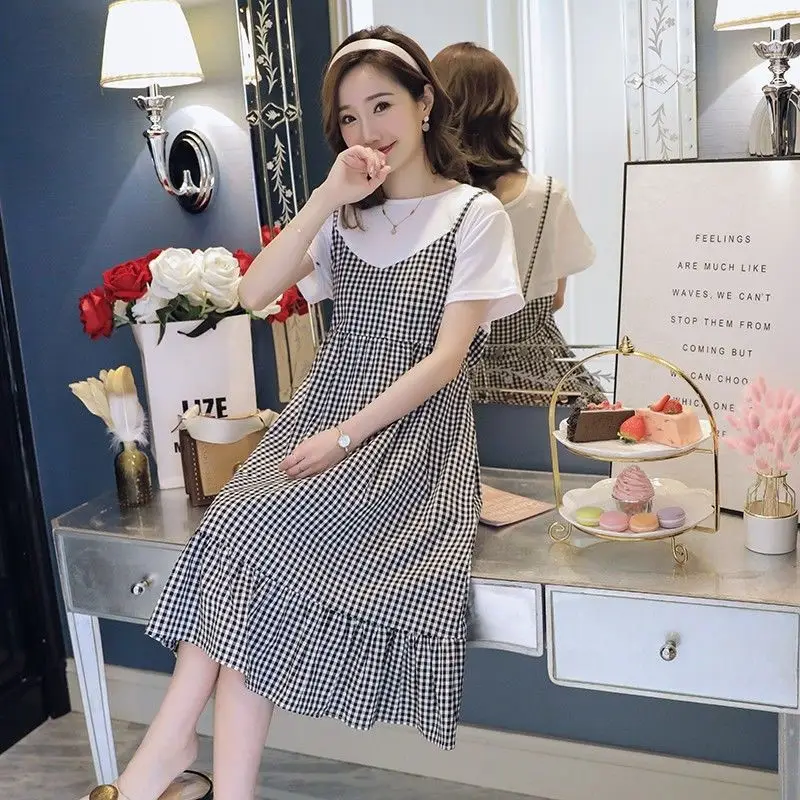 Maternity Dress Red White Checkered Loose Large
