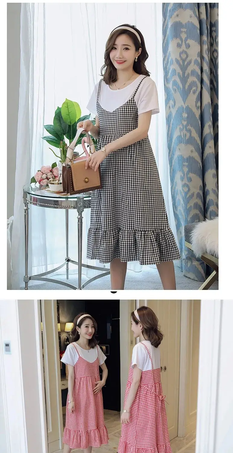 Maternity Dress Red White Checkered Loose Large — feature 12