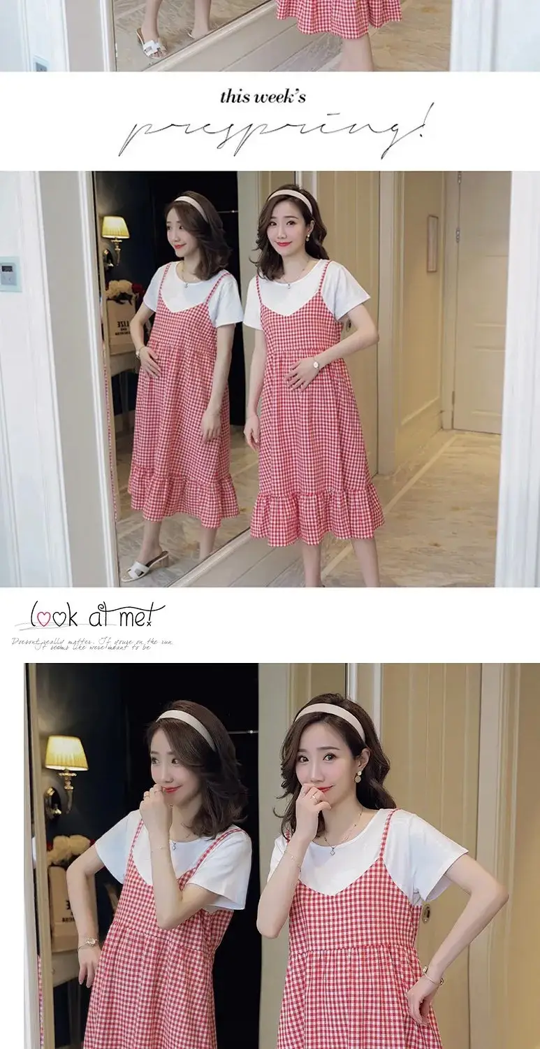 Maternity Dress Red White Checkered Loose Large — feature 13
