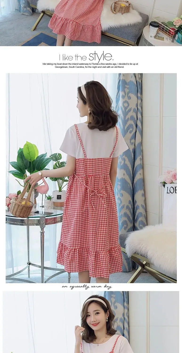 Maternity Dress Red White Checkered Loose Large — feature 15