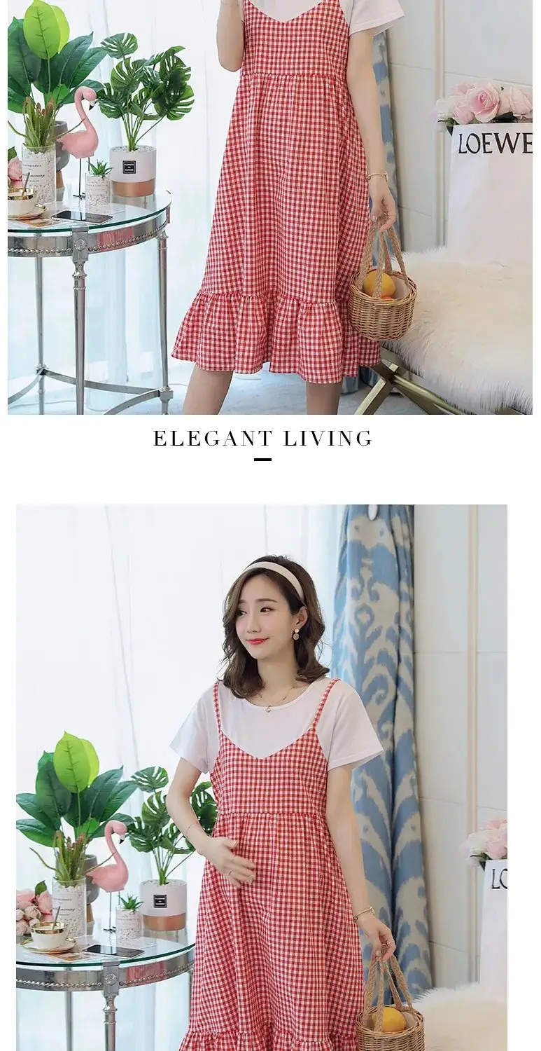 Maternity Dress Red White Checkered Loose Large — feature 16