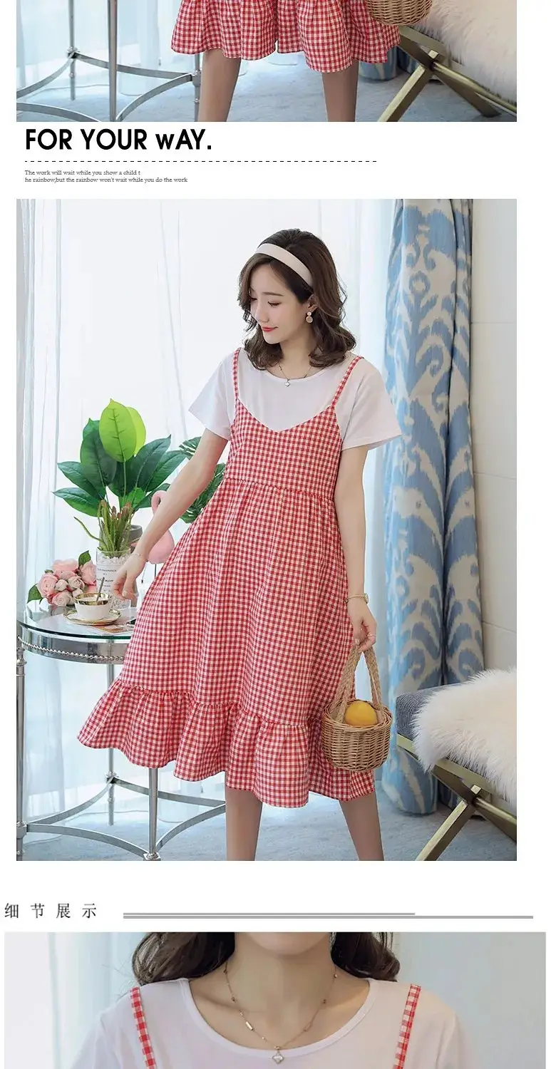 Maternity Dress Red White Checkered Loose Large — feature 17
