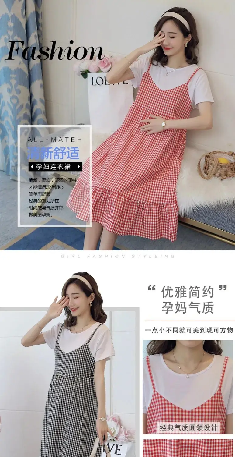 Maternity Dress Red White Checkered Loose Large — feature 2