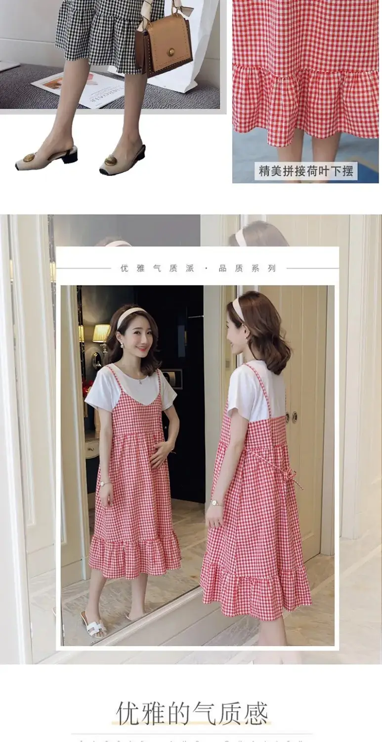 Maternity Dress Red White Checkered Loose Large — feature 3
