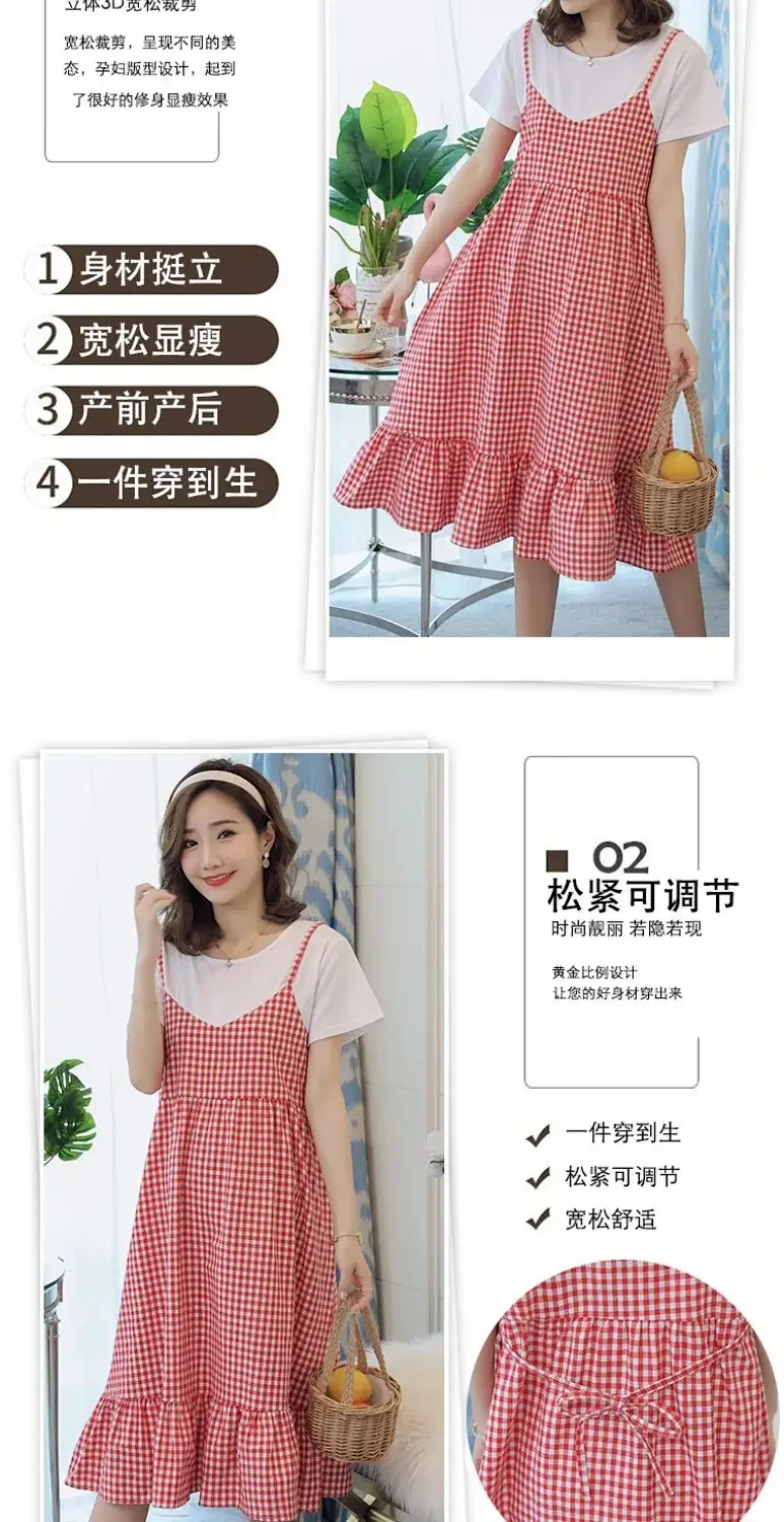 Maternity Dress Red White Checkered Loose Large — feature 5