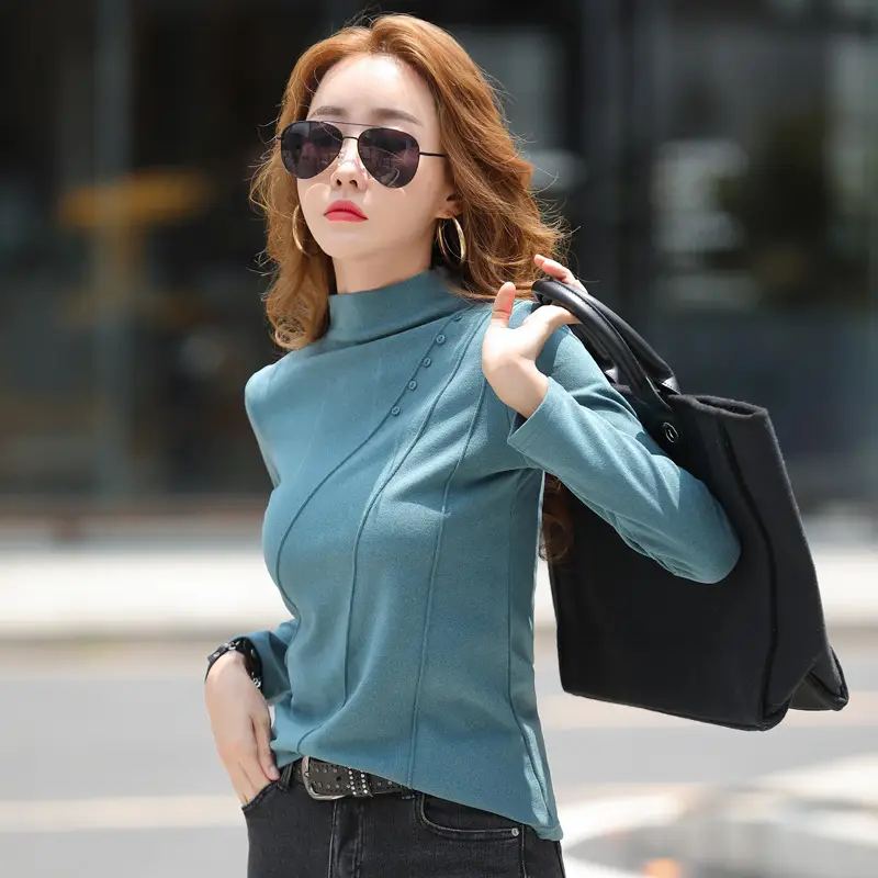 Women Velvet Long Sleeve T-Shirt Blue Patchwork - Image 7
