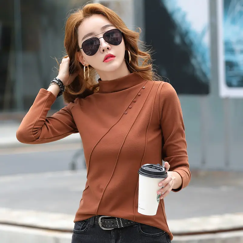 Women Velvet Long Sleeve T-Shirt Blue Patchwork - Image 4